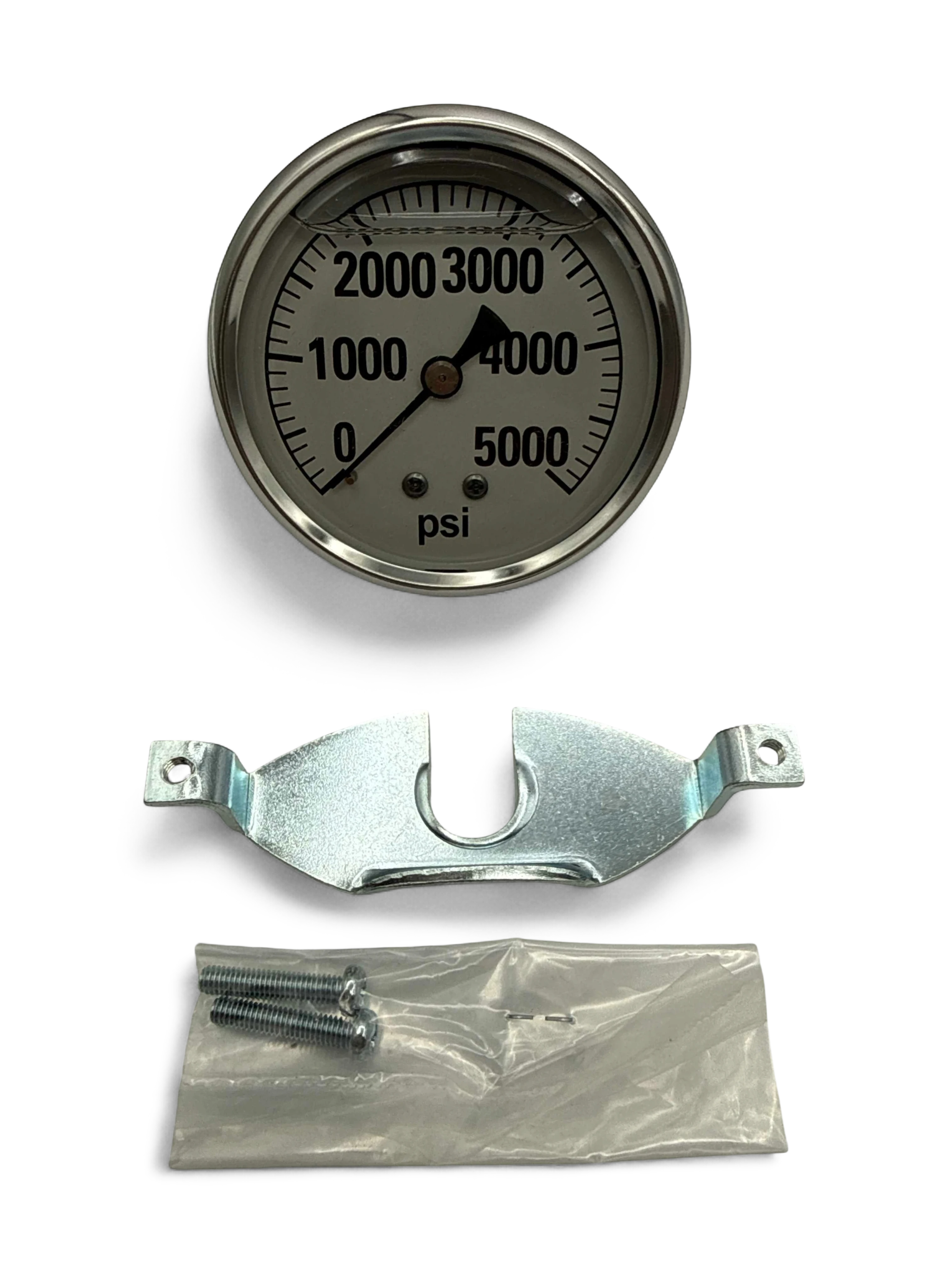 Sewershop Mini Drain Kit pressure gauge with metal mounting bracket and screws for drain cleaning system maintenance