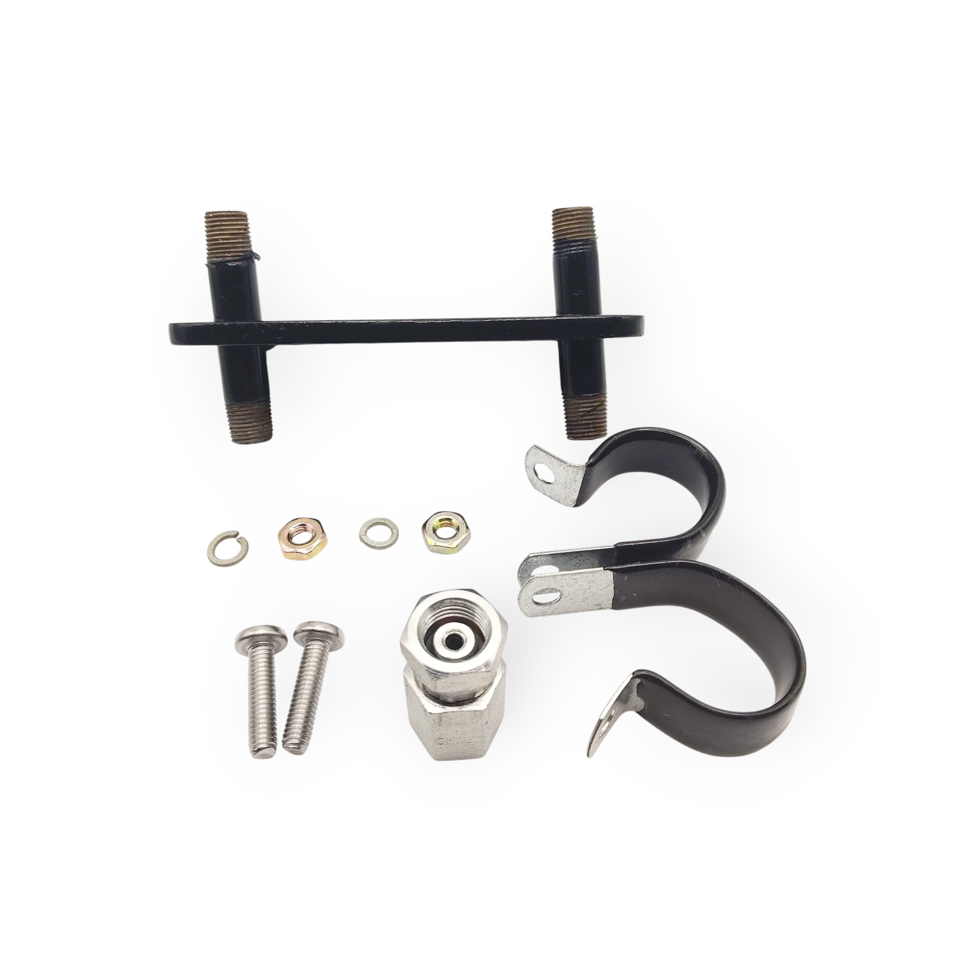 Sewershop Mini Drain Kit replacement parts including metal mounting bracket, pipe clamps, bolts, nuts, and fittings.