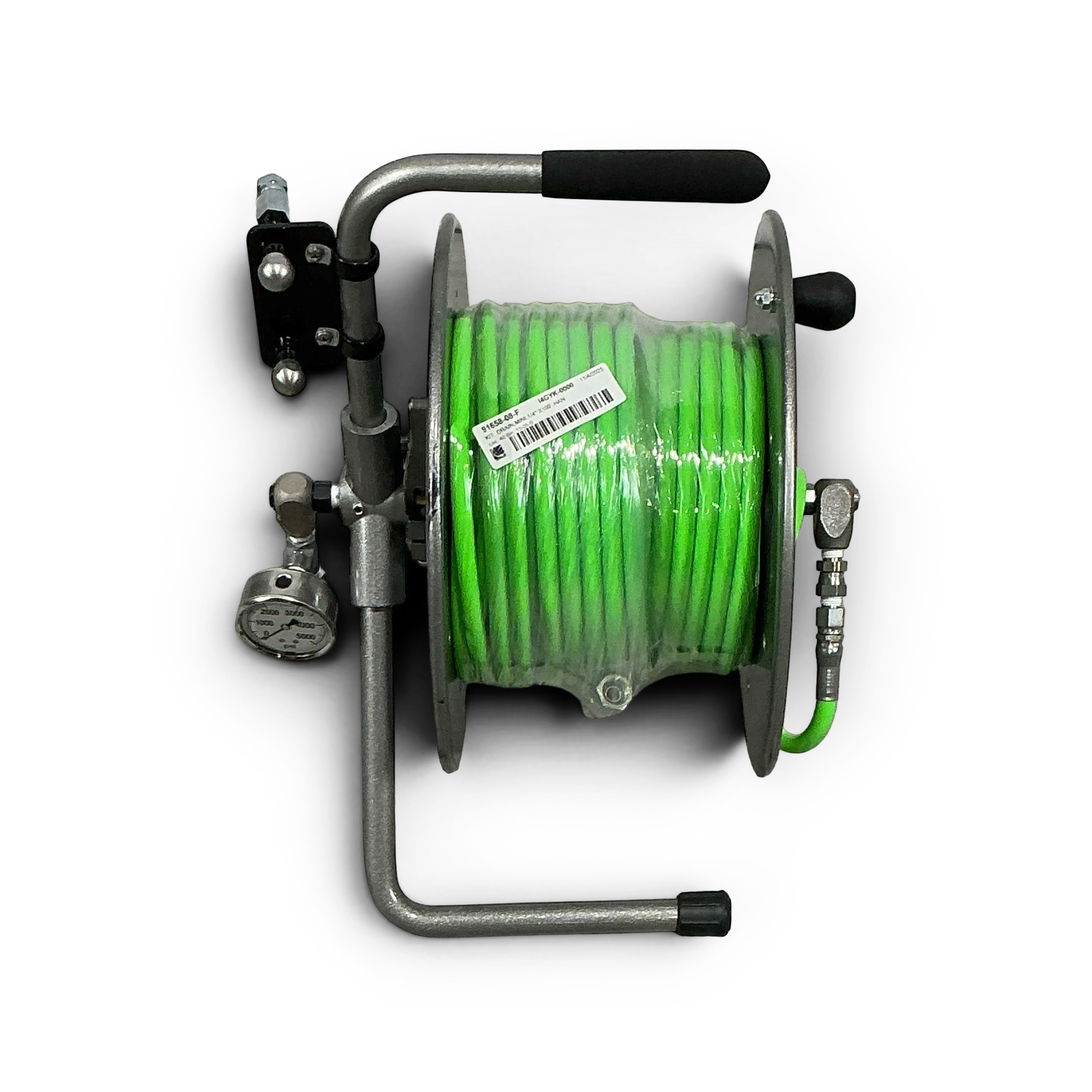 Sewershop Mini Drain Kit System featuring a bright green jetting hose on a metal reel with an integrated pressure gauge
