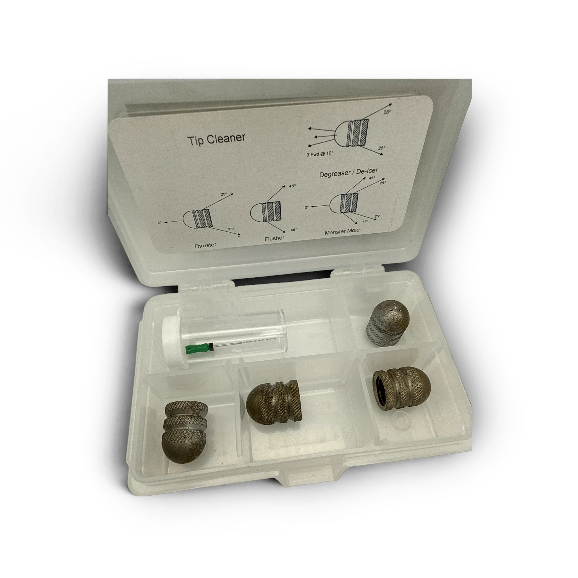 Sewershop mole nozzle kit in a plastic case with tip cleaner tool and various jet configuration diagrams