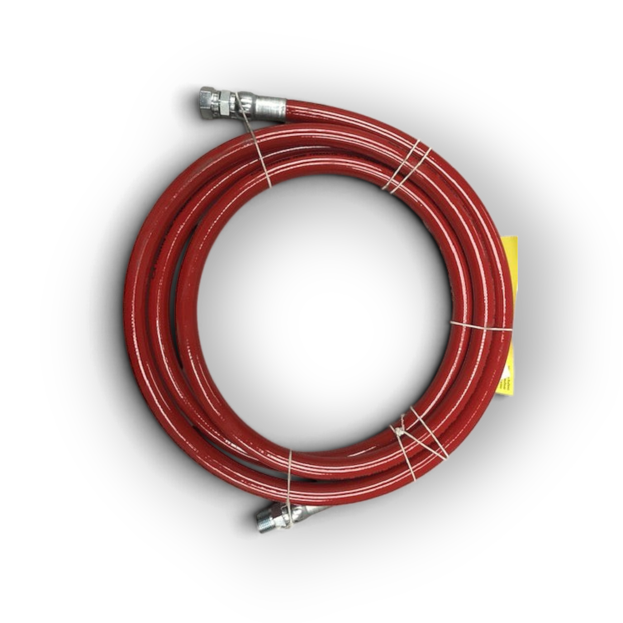 Sewershop Mongoose red high-pressure sewer jetting leader hose with metal fittings coiled for storage.