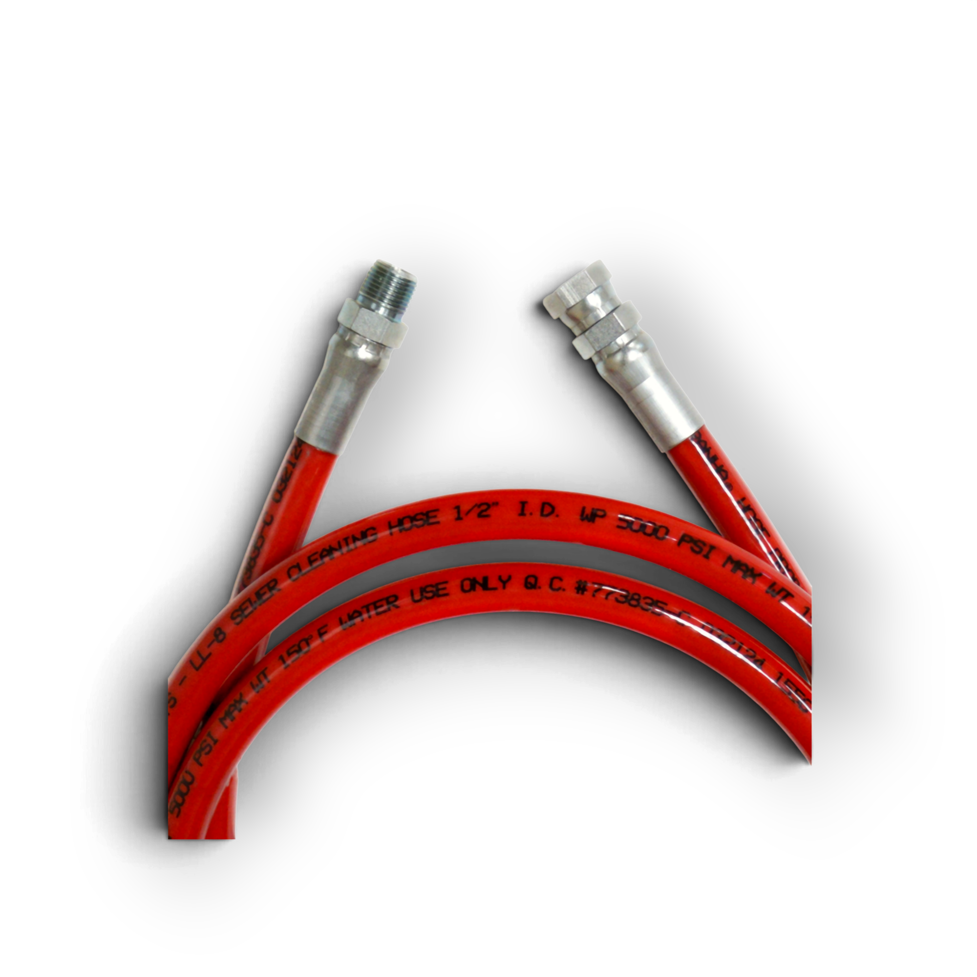 Sewershop Mongoose red high-pressure leader hose for sewer jetting with male and female swivel fittings.