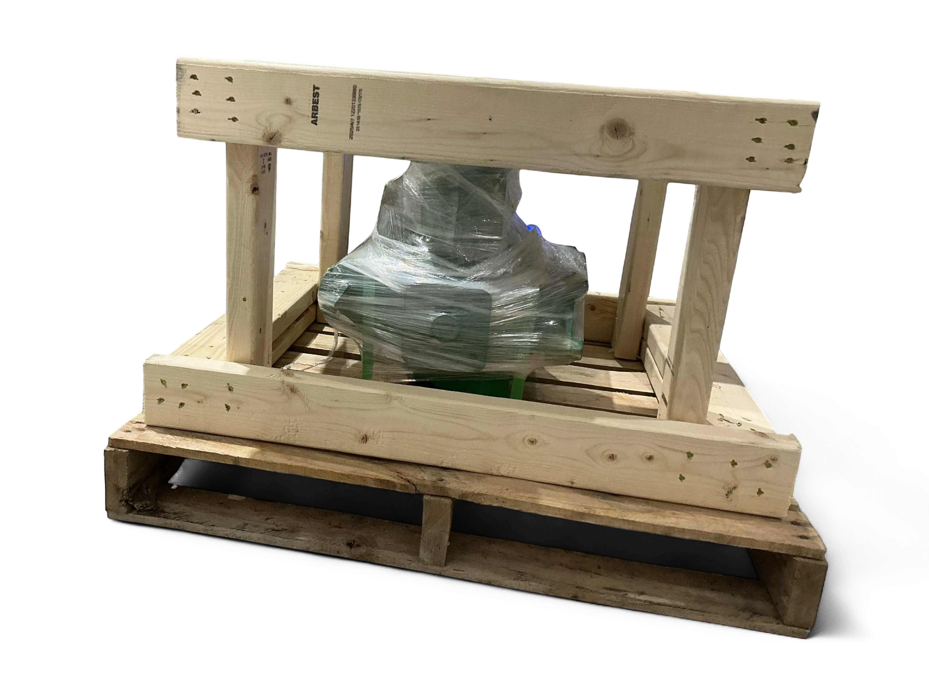 Sewershop Myers D65-20 water pump repair kit components securely wrapped in plastic on a wooden shipping pallet