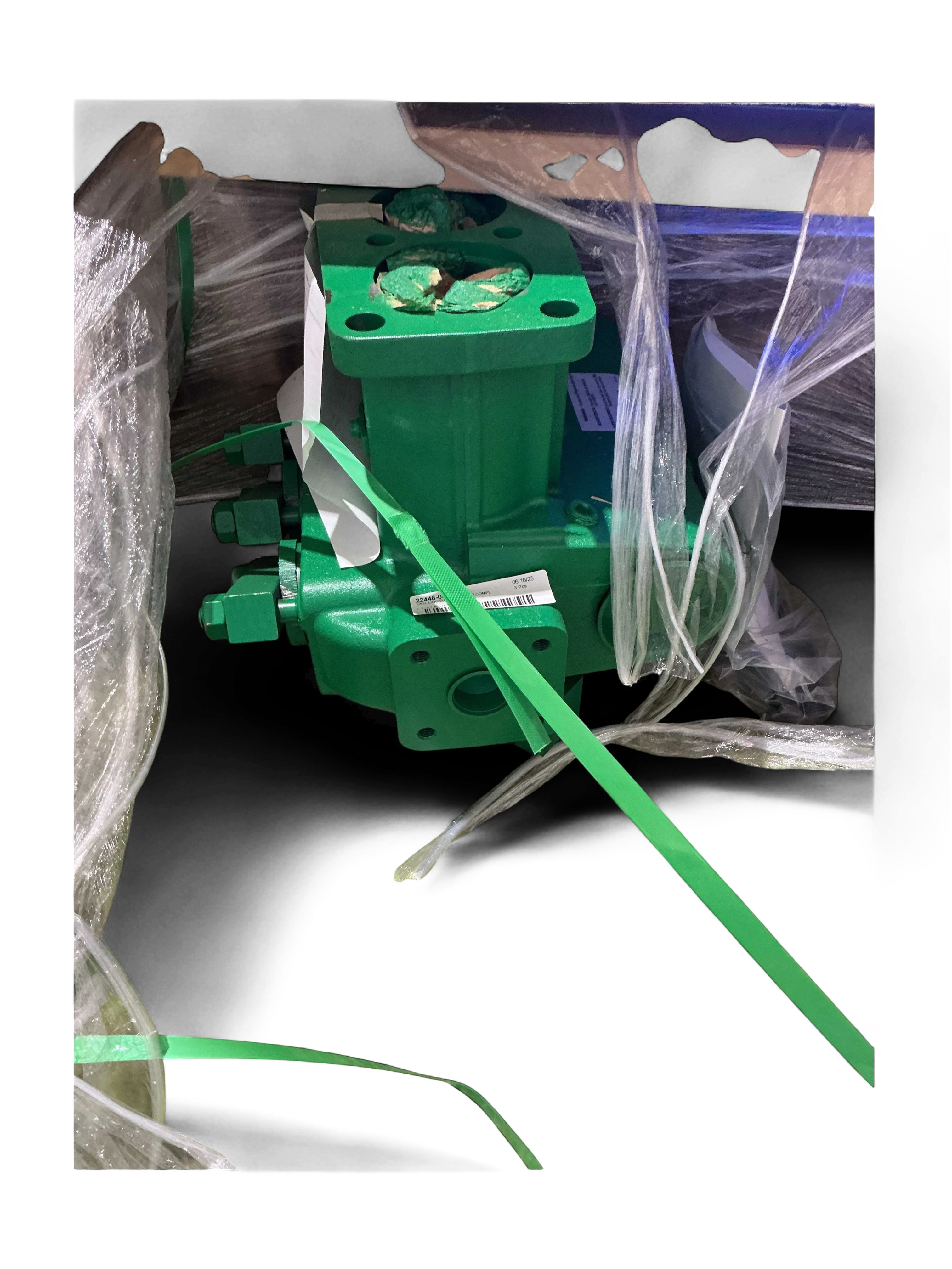 Sewershop Myers D65-20 water pump fluid end repair component in green finish, wrapped in protective plastic packaging.