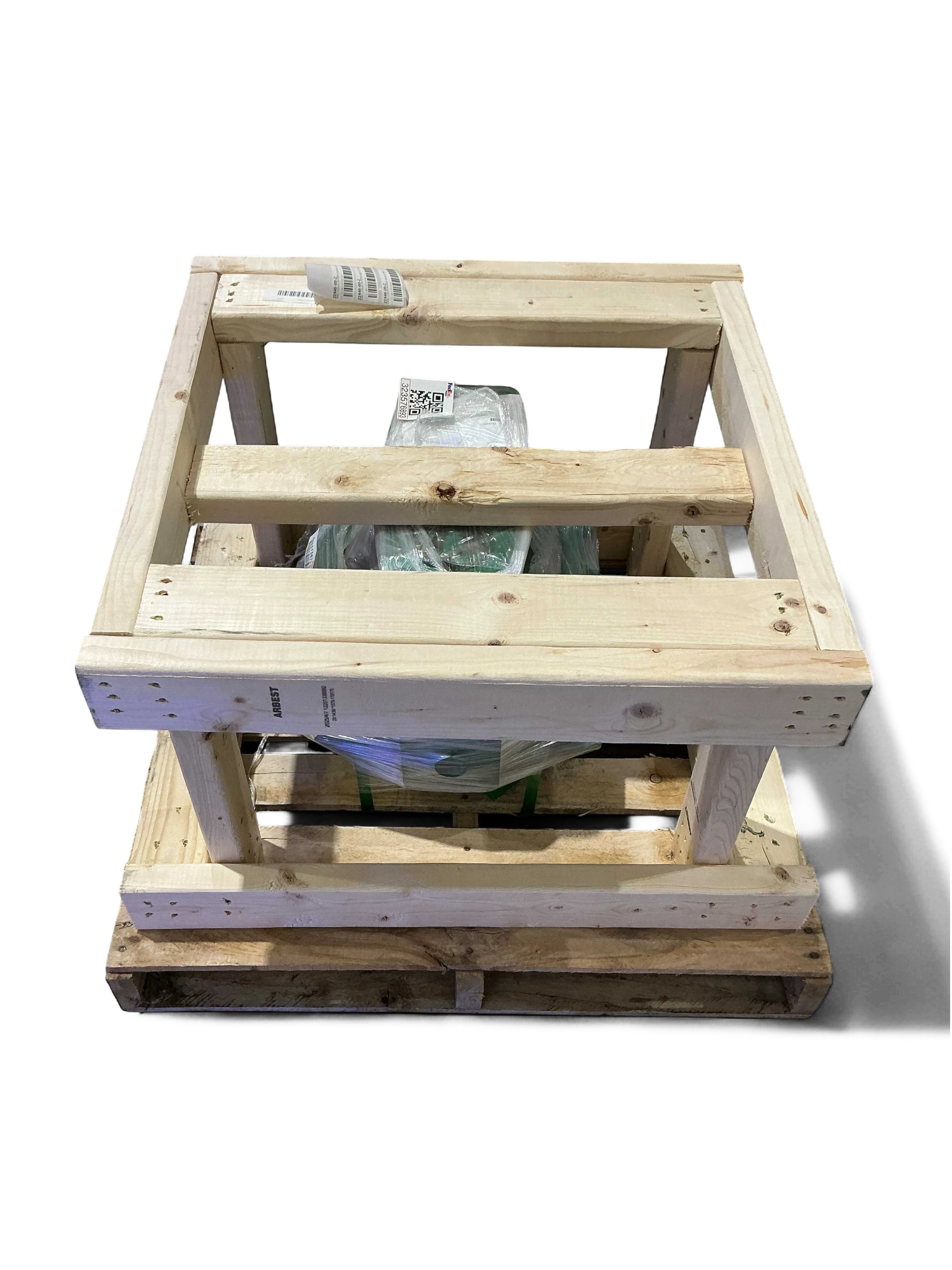 Sewershop Myers D65-20 water pump repair kit components securely packed in a wooden shipping crate on a pallet