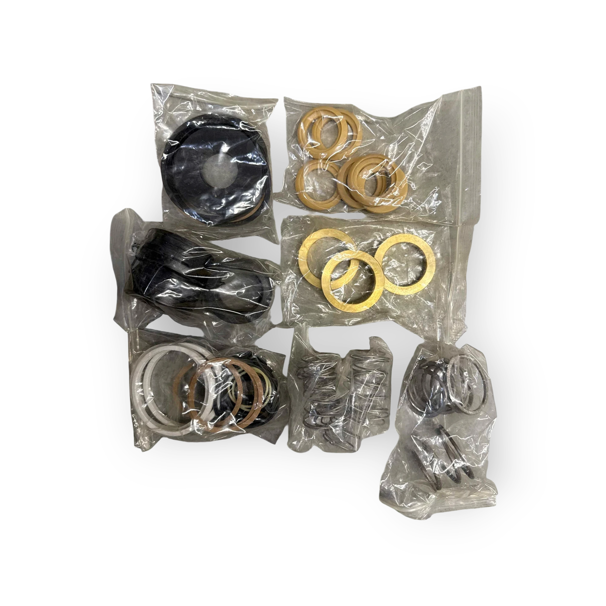 Sewershop Myers E70-23V fluid end repair kit containing seals, gaskets, valves, and springs in individual bags.
