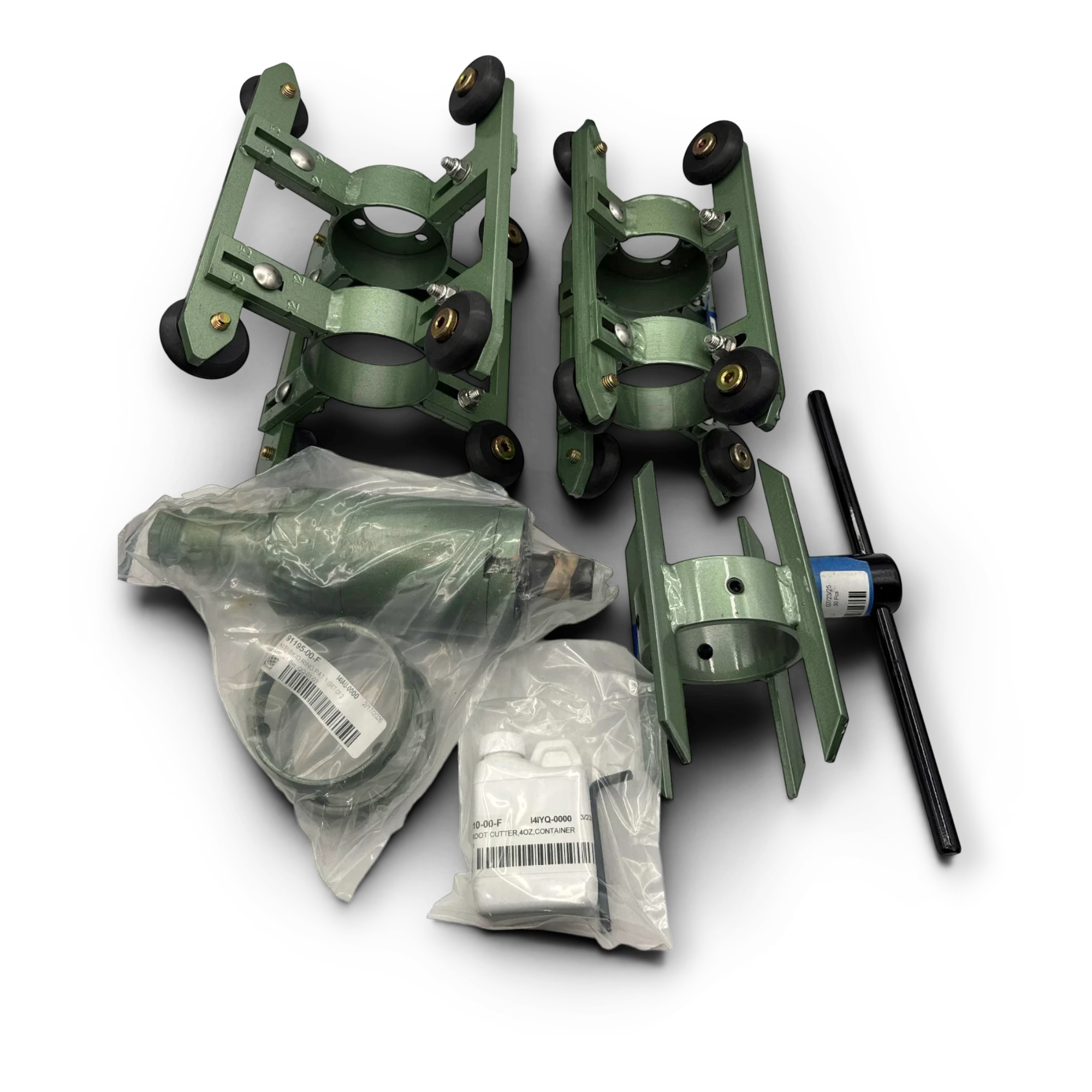 Sewershop Patriot 1 root and grease cutter kit with green metal frames, motor, thruster, and maintenance accessories.