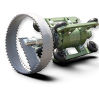 Sewershop Patriot 1 root and grease cutter with a serrated ring blade and green metal motor housing for sewer pipes.