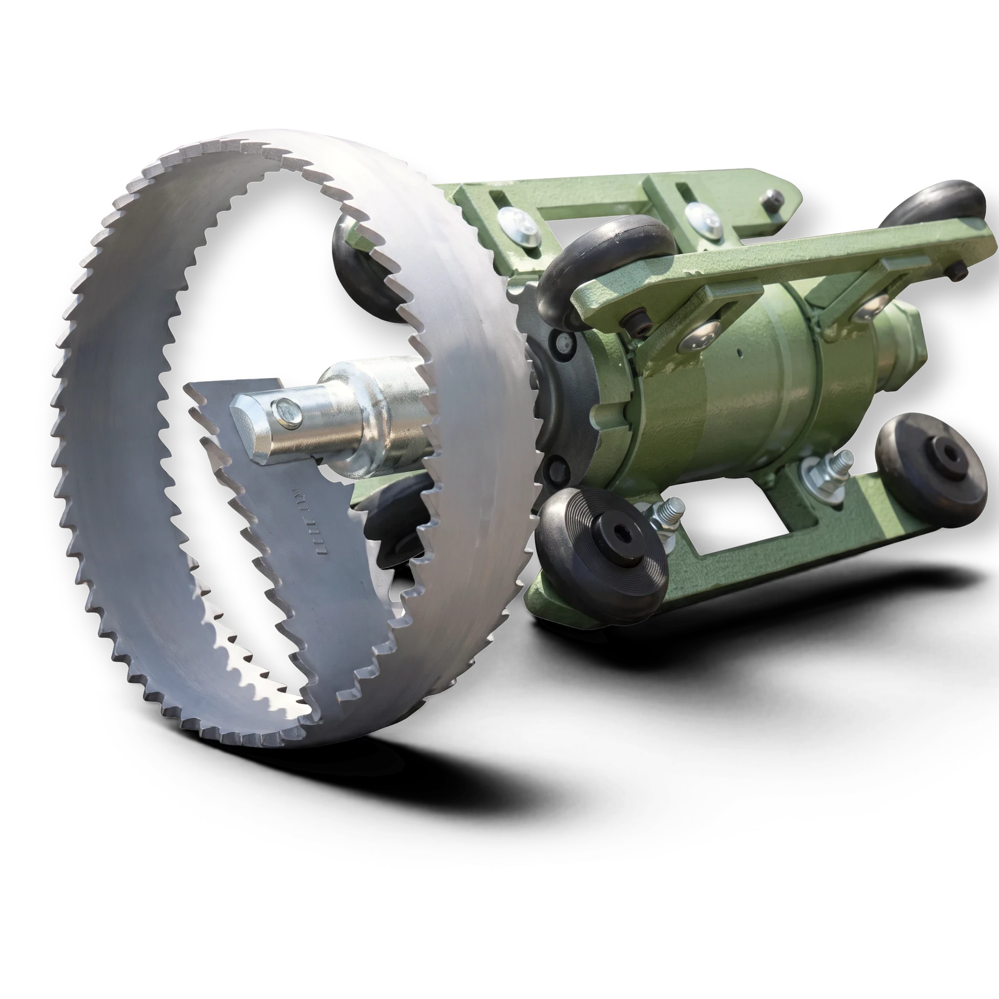 Sewershop Patriot 1 root and grease cutter with a serrated ring blade and green metal motor housing for sewer pipes.