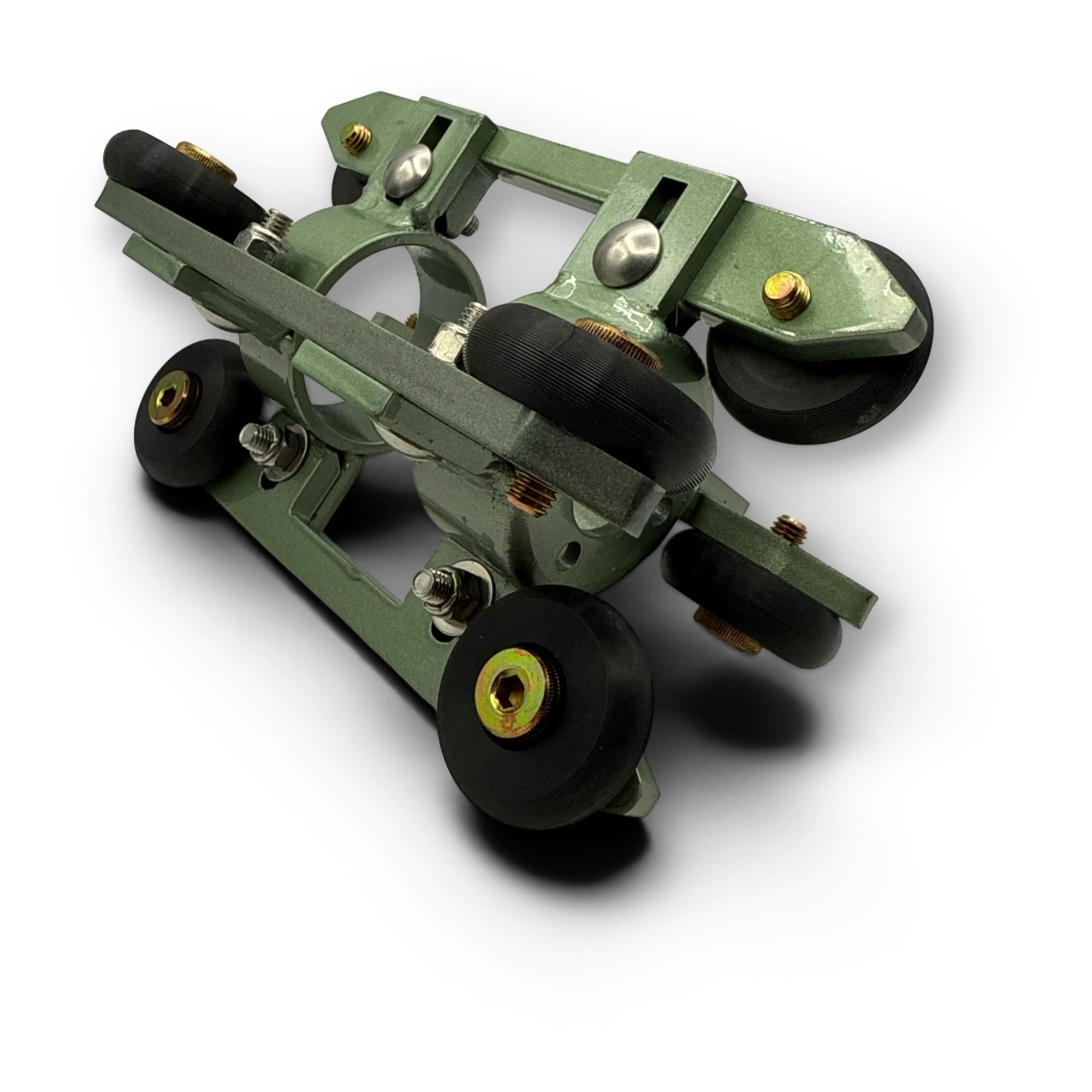 Sewershop Patriot 2 adjustable roller skid for pipe root cutting systems with green metal frame and black wheels