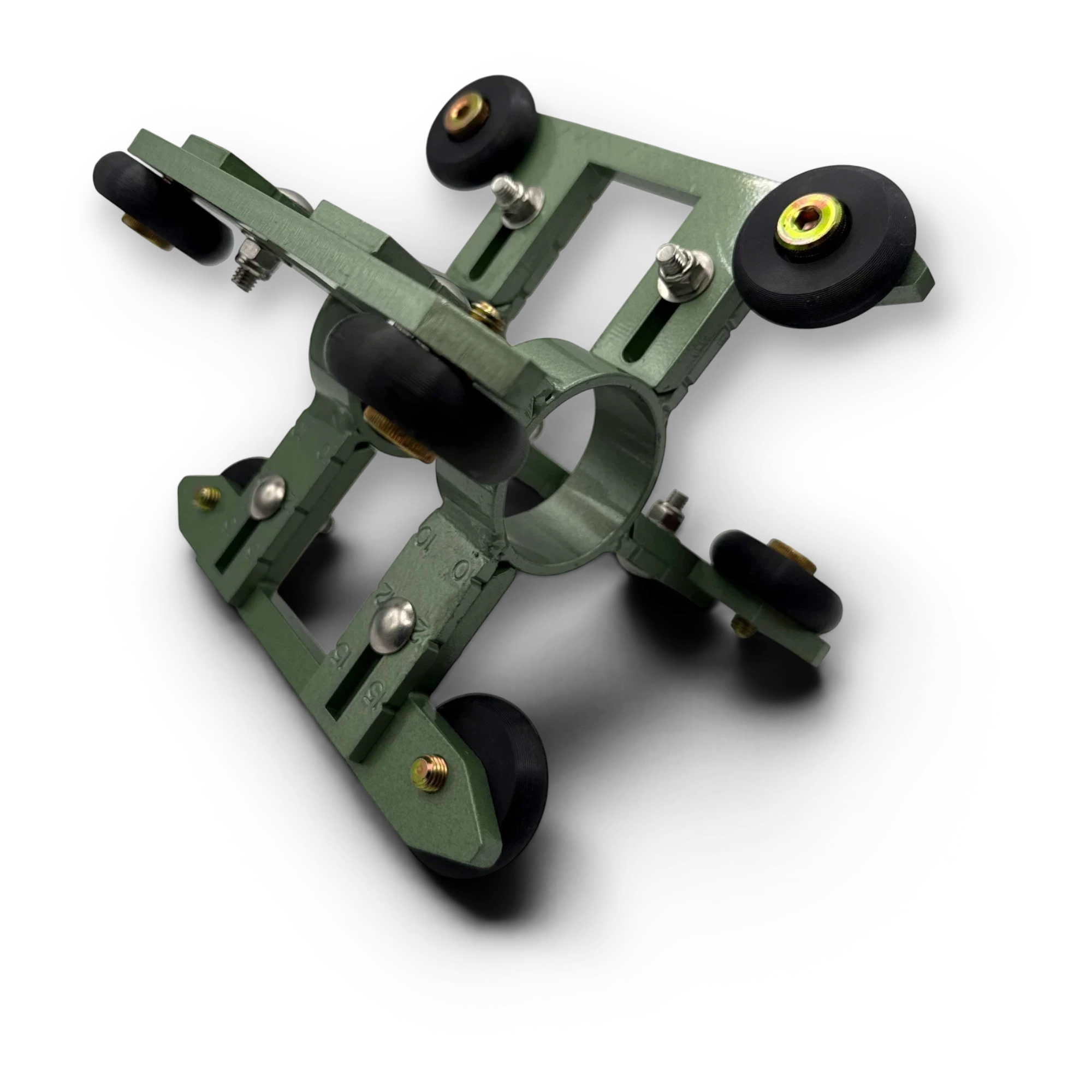 Sewershop Patriot 2 adjustable roller skid for pipe root cutters with green metal frame and black rubber wheels