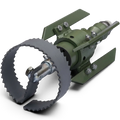 Sewershop Patriot 2 root and grease cutter with adjustable green skids and a serrated metal blade for sewer cleaning.