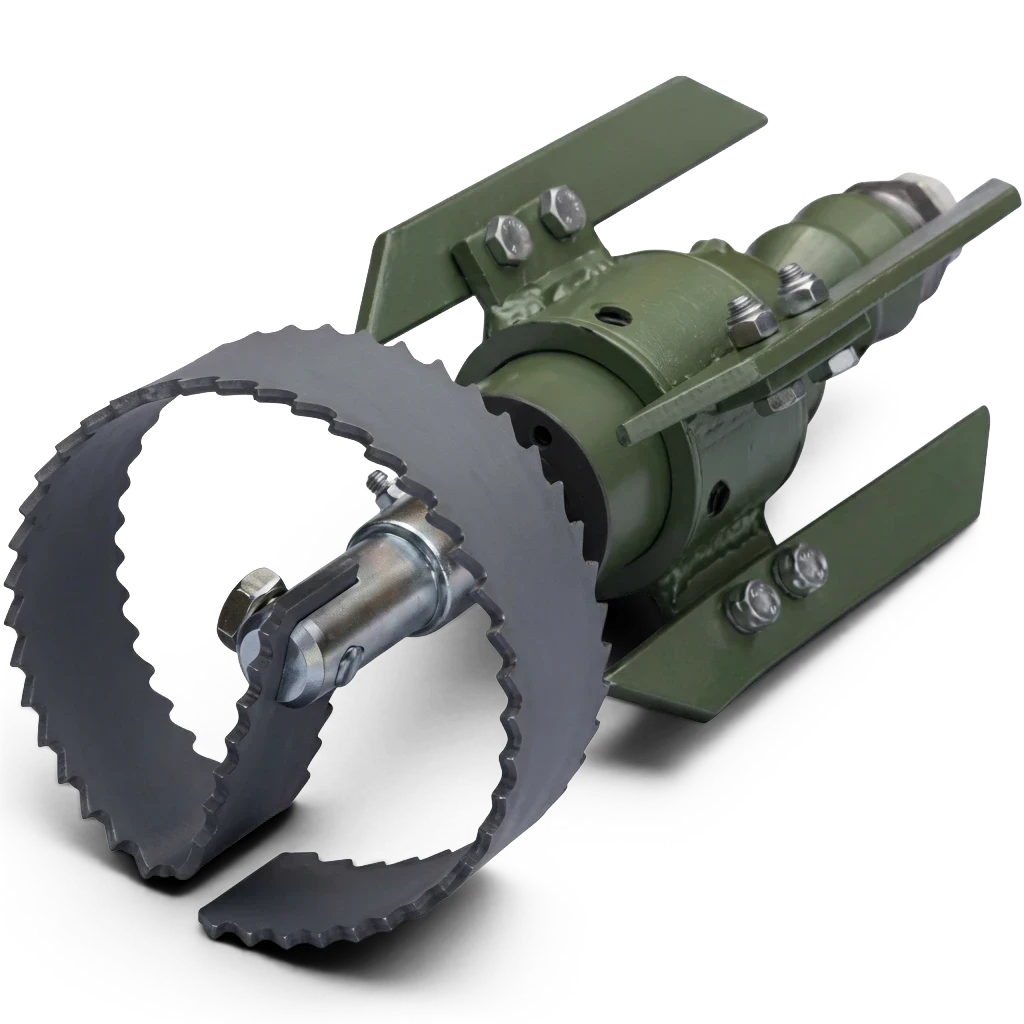 Sewershop Patriot 2 root and grease cutter with adjustable green skids and a serrated metal blade for sewer cleaning.