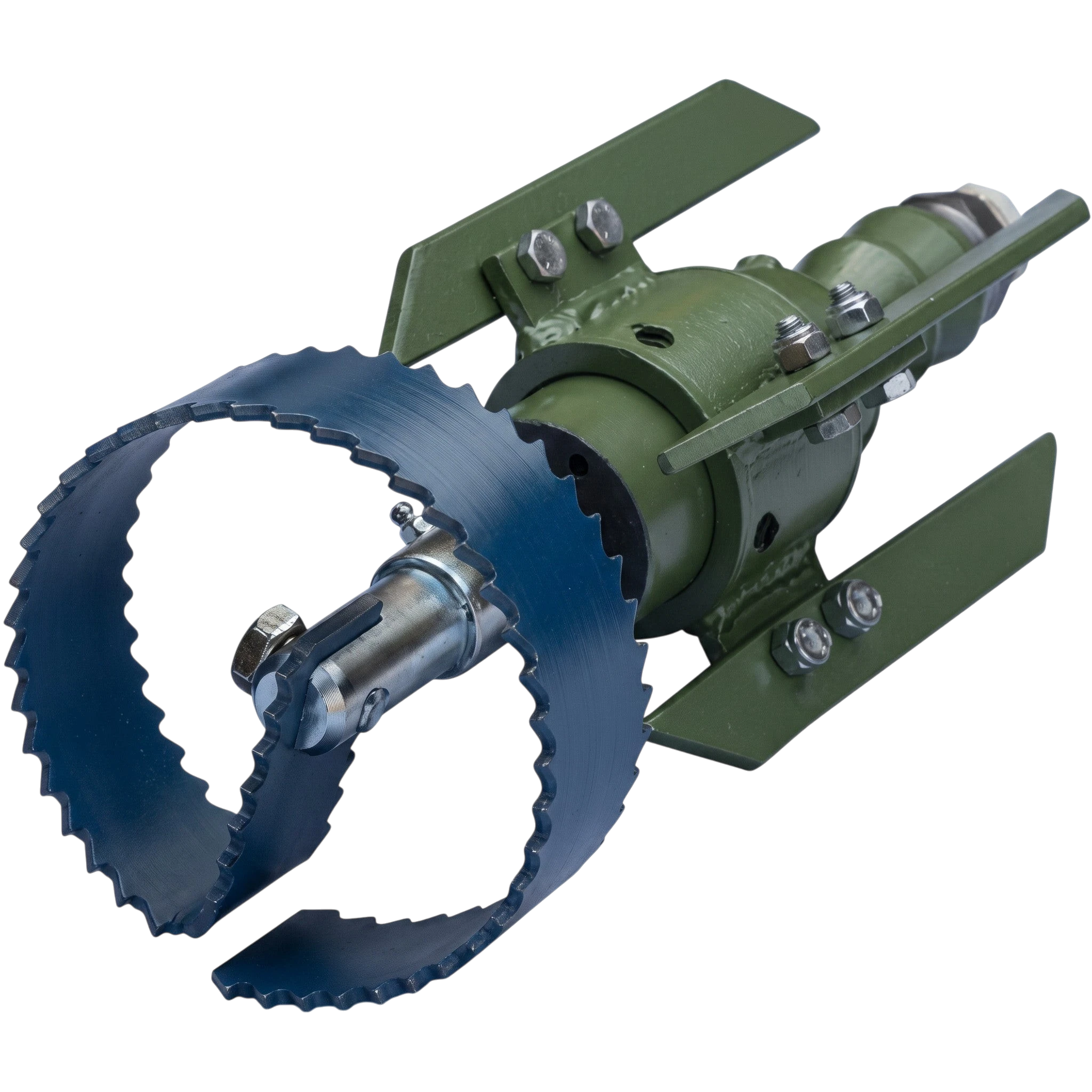 Sewershop Patriot 2 root and grease cutter with blue circular saw blade and adjustable green stabilizing skids