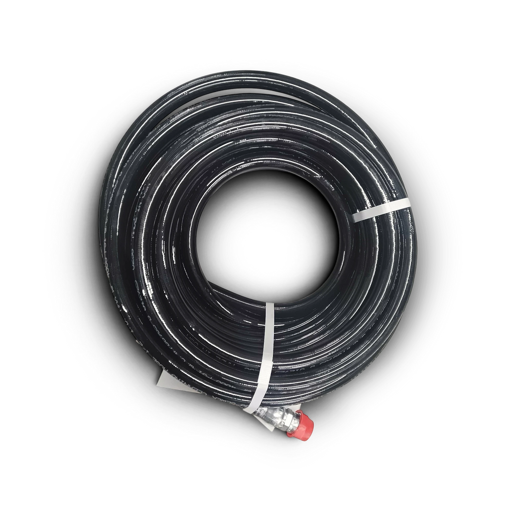 Sewershop black Piranha leader hose coiled for lateral sewer line cleaning systems with a protective red end cap