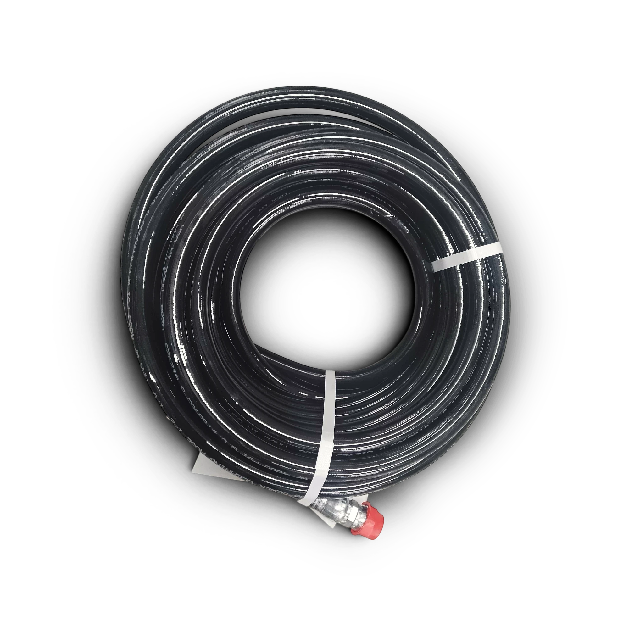 Sewershop black Piranha leader hose coiled for lateral sewer line cleaning systems with a protective red end cap