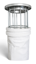 Sewershop 4.625 inch polyester felt filter bag with Superseal top and metal cage for industrial filtration systems.
