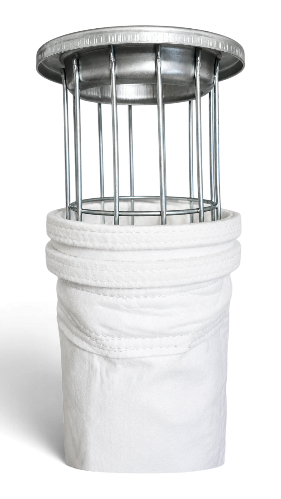 Sewershop 4.625 inch polyester felt filter bag with Superseal top and metal cage for industrial filtration systems.