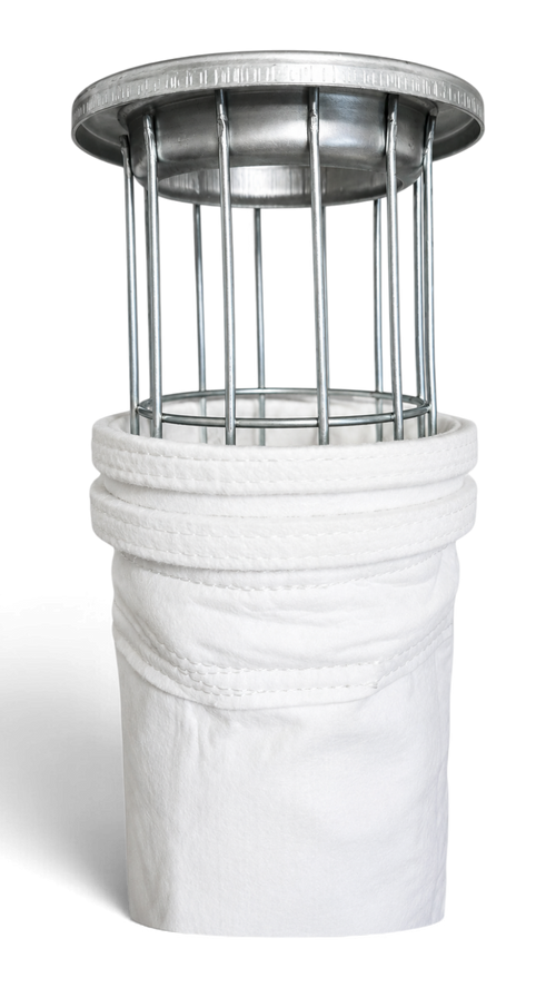 Sewershop 4.625 inch polyester felt filter bag with Superseal top and metal cage for industrial filtration systems.