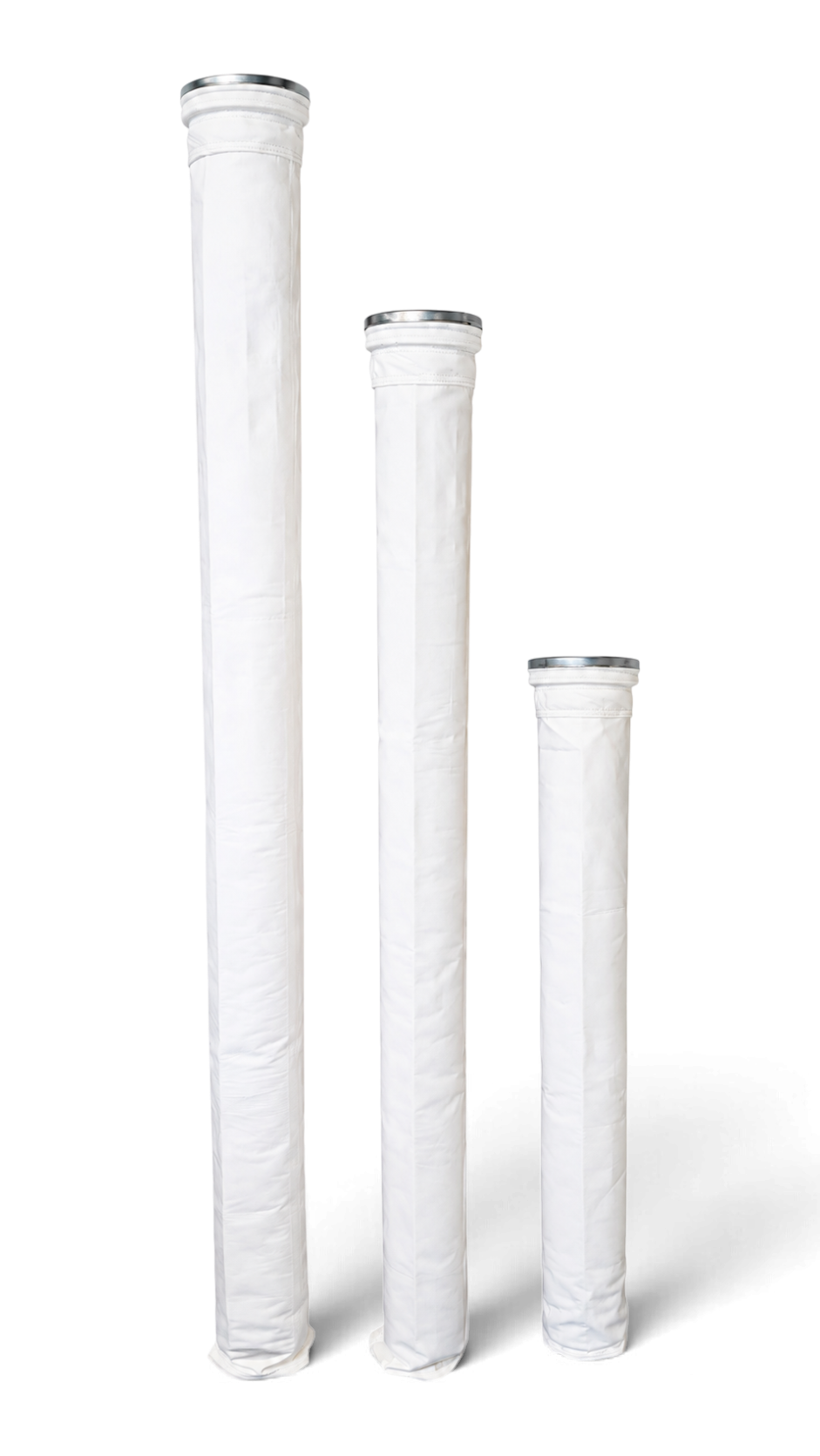 Sewershop white polyester felt filter bags with Superseal tops and disc bottoms in three different lengths.