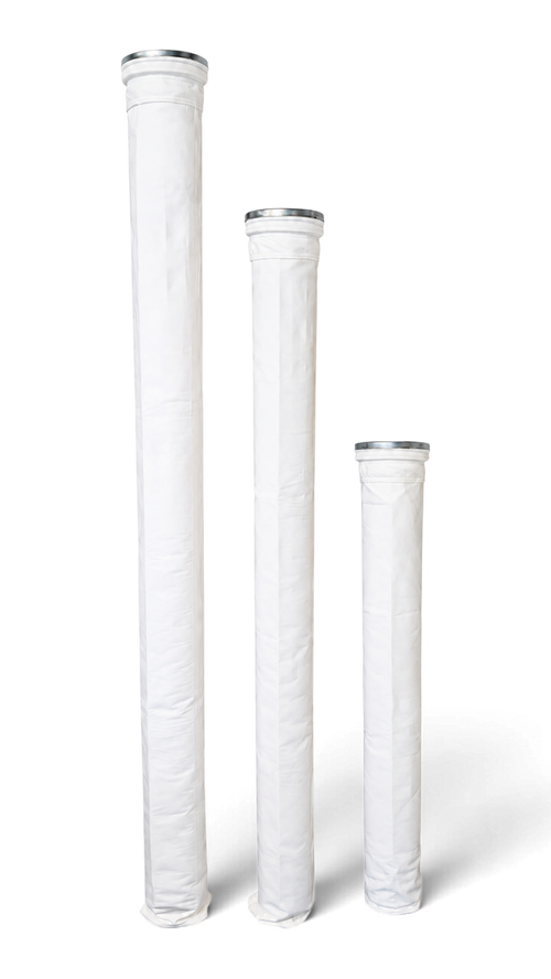 Sewershop white polyester felt filter bags with Superseal tops and disc bottoms in three different lengths.