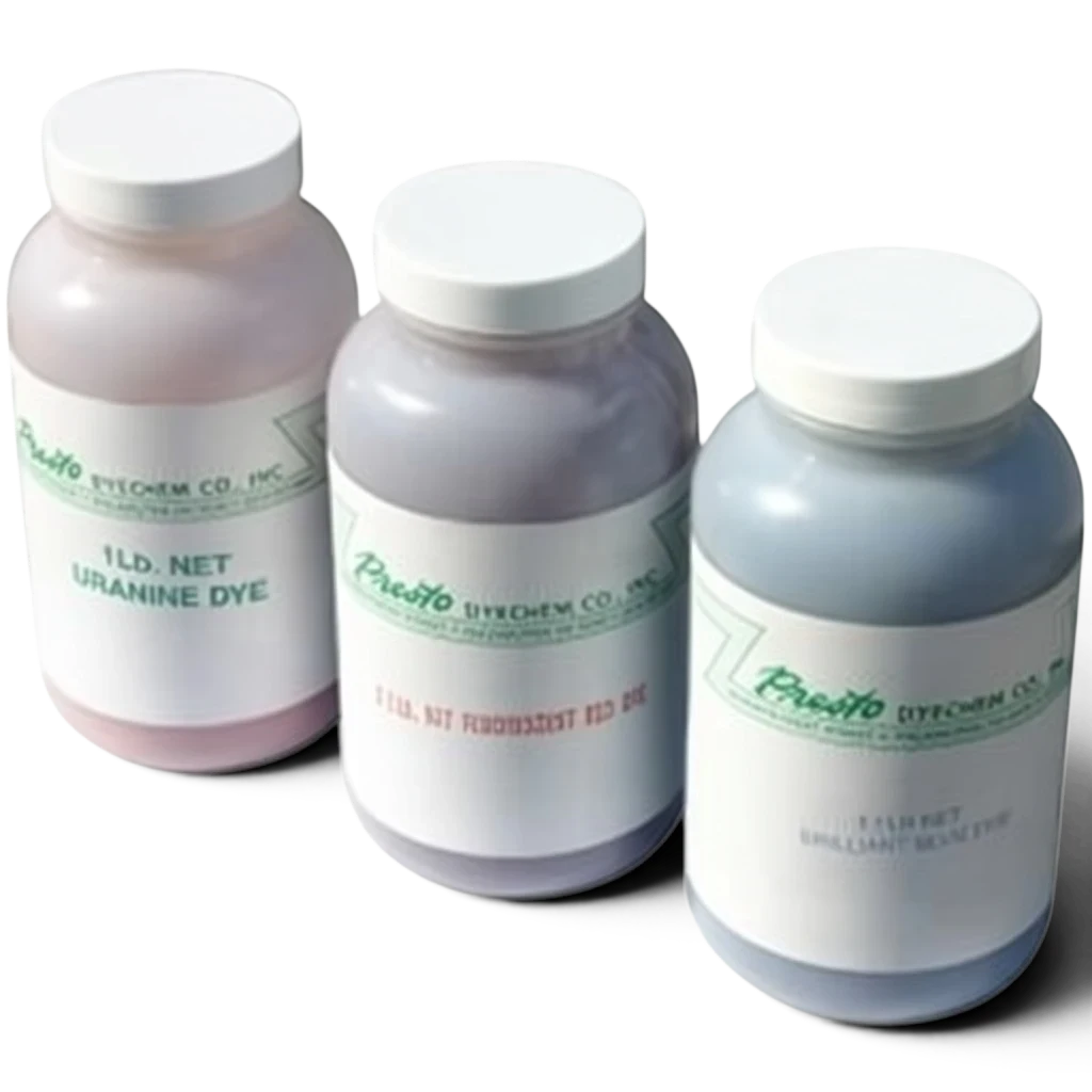 Sewershop powdered sewer dye bottles in red, blue, and yellow-green for leak detection and flow testing