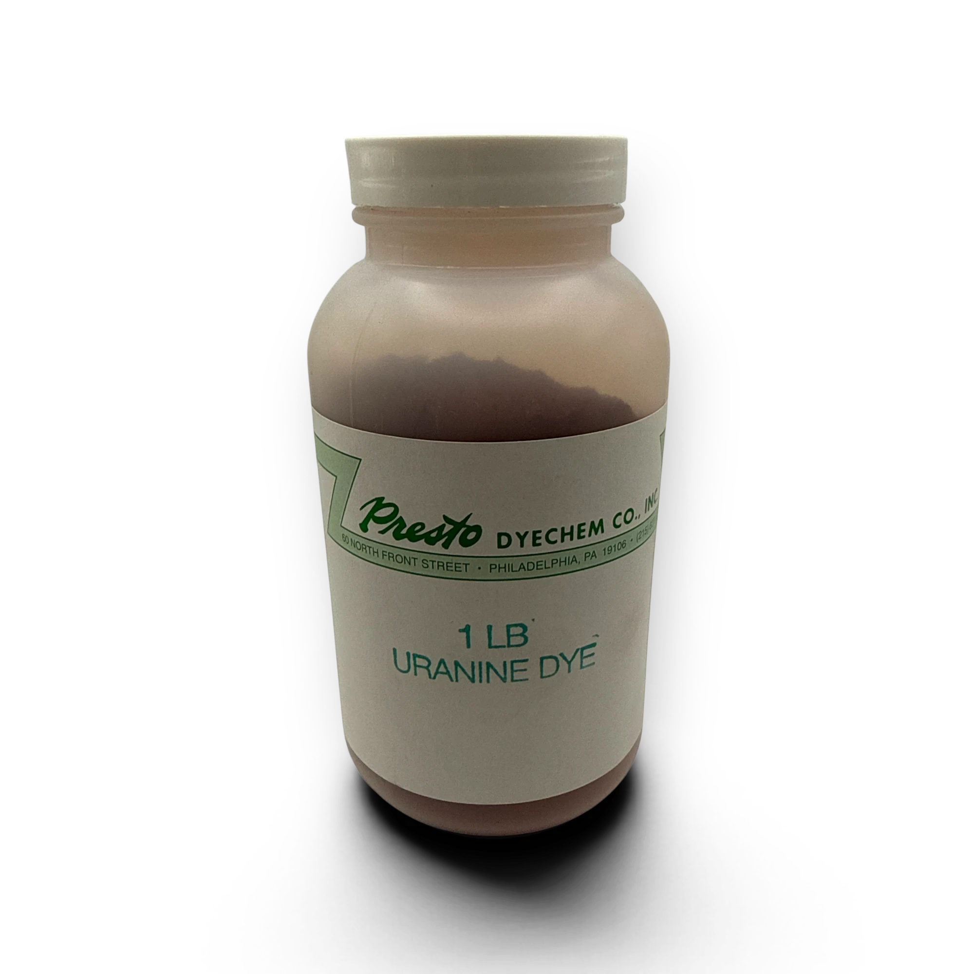 Sewershop 1 lb bottle of powdered uranine sewer dye for leak detection and flow tracing in a plastic container