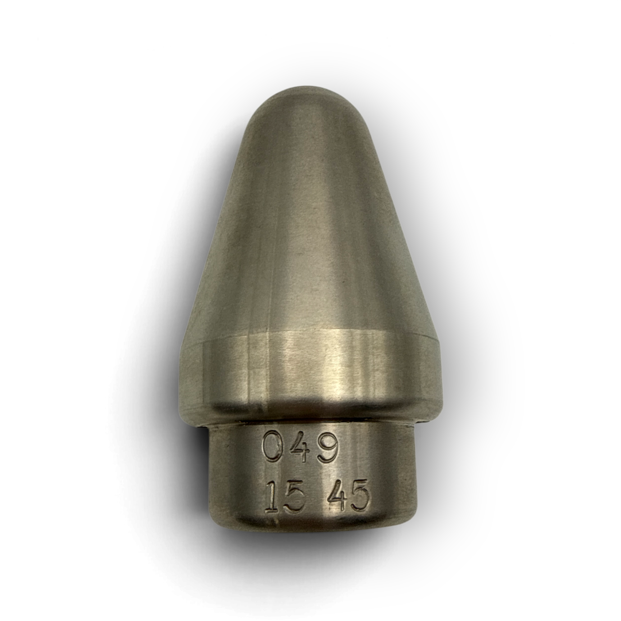 Sewershop Radial Vortex sewer jetter nozzle with 1/2 inch connection and 15-45 degree precision-drilled spray pattern.