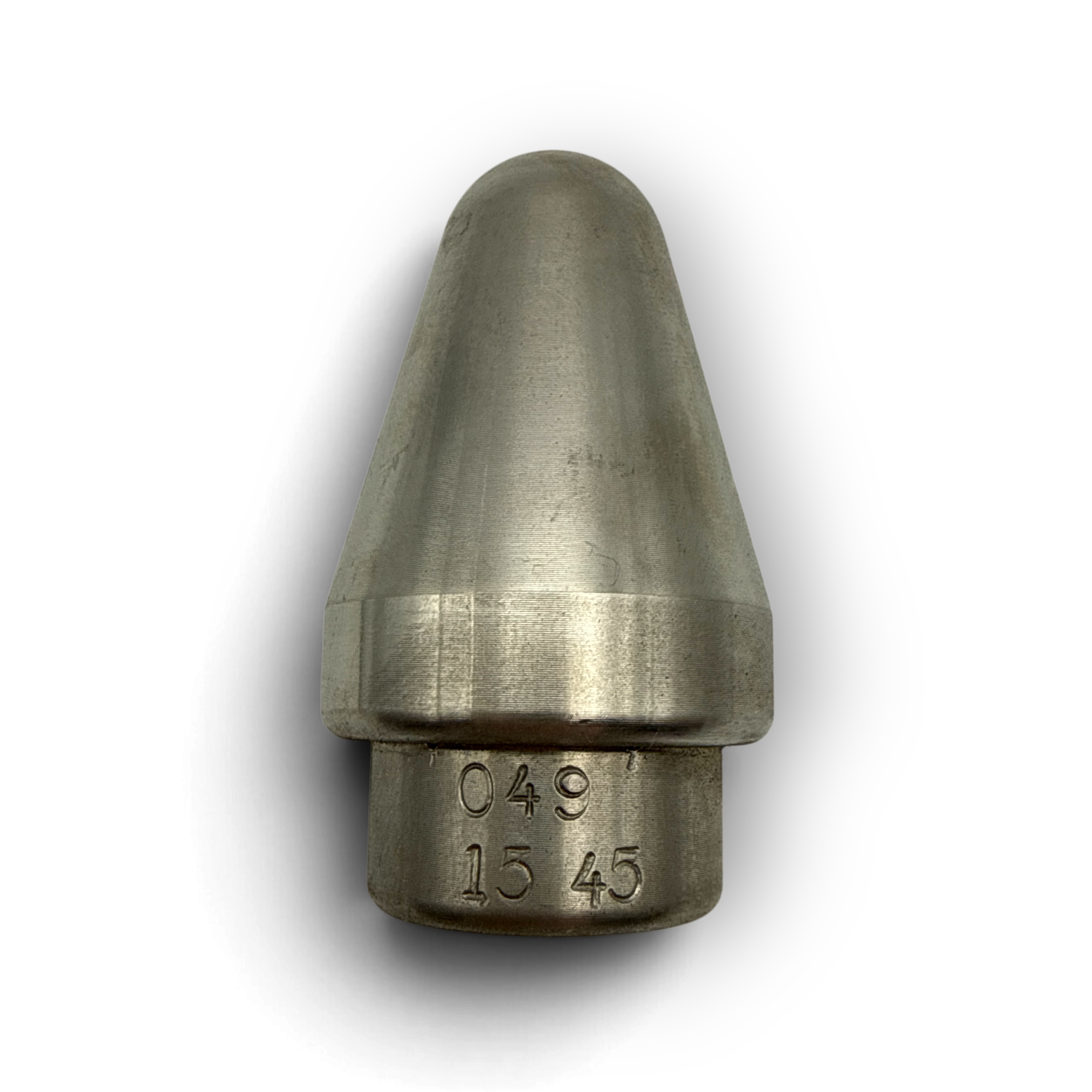 Sewershop 1/2 inch radial vortex sewer jetter nozzle with precision-drilled 15-45 degree jets for pipe cleaning.