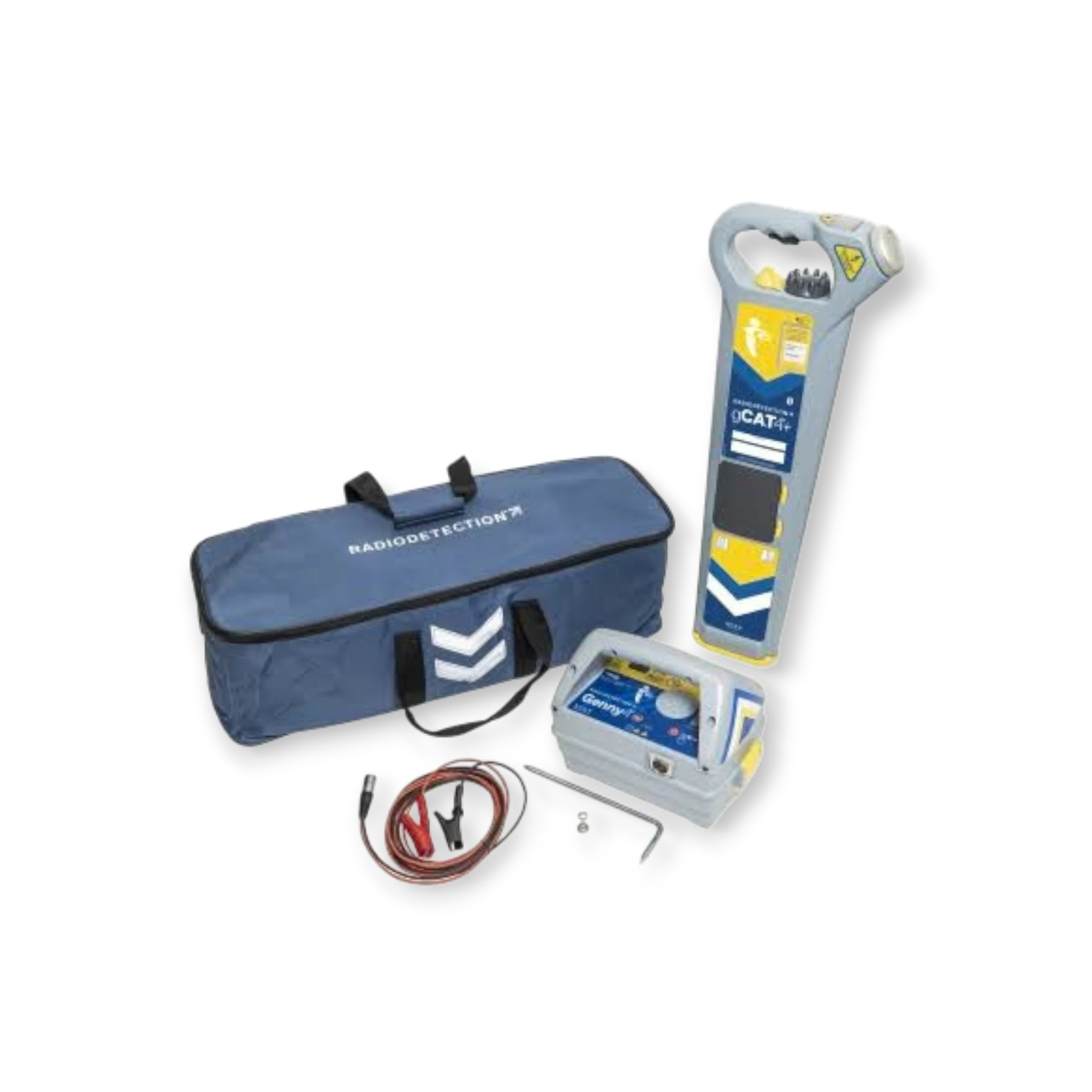 Sewershop Radiodetection C.A.T4+ and Genny4 cable avoidance kit with tools, accessories, and blue carrying bag.