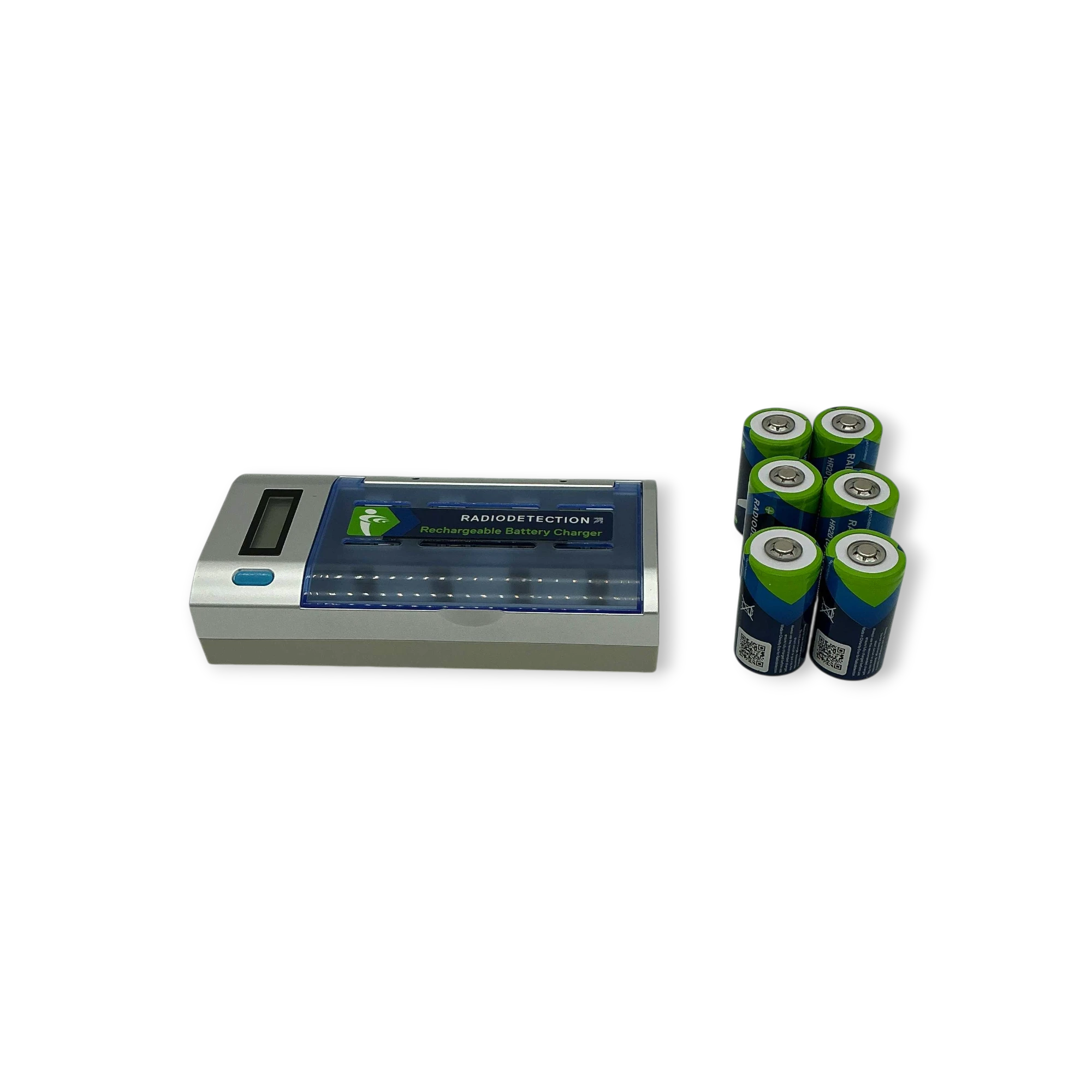 Sewershop Radiodetection universal charger kit with six rechargeable NiMH D-cell batteries on a white background