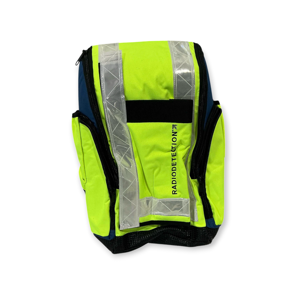 Sewershop Radiodetection u-LOCATE high-visibility yellow and blue equipment backpack with reflective safety strips.