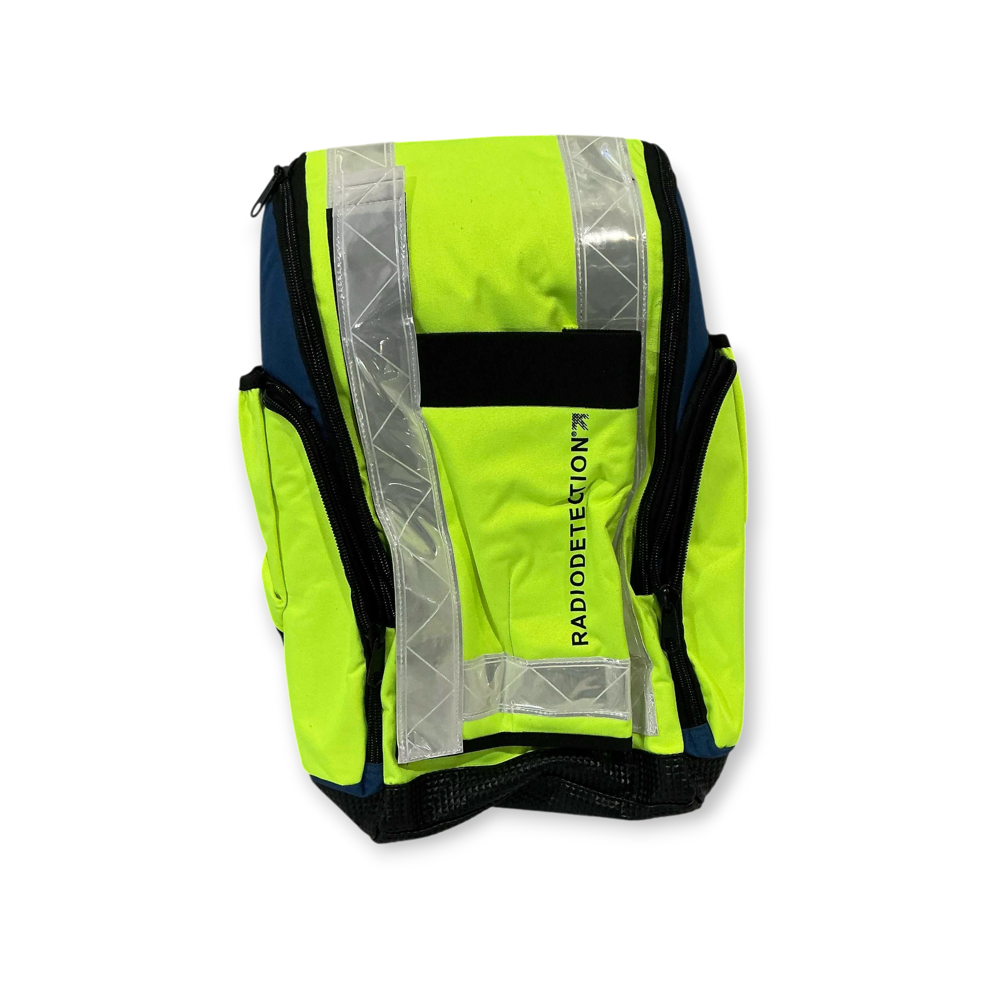 Sewershop Radiodetection u-LOCATE high-visibility yellow and blue equipment backpack with reflective safety strips.