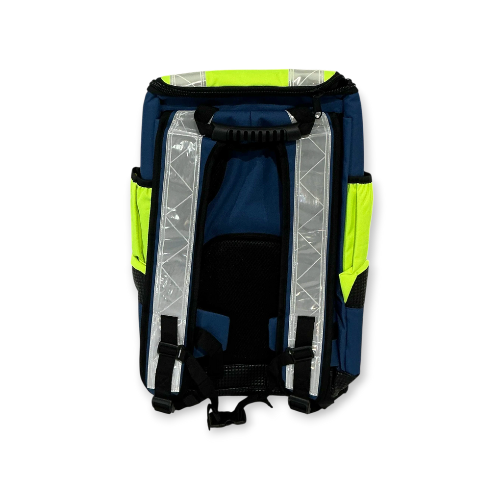 Sewershop Radiodetection u-LOCATE locator backpack in blue and high-visibility yellow with reflective straps.