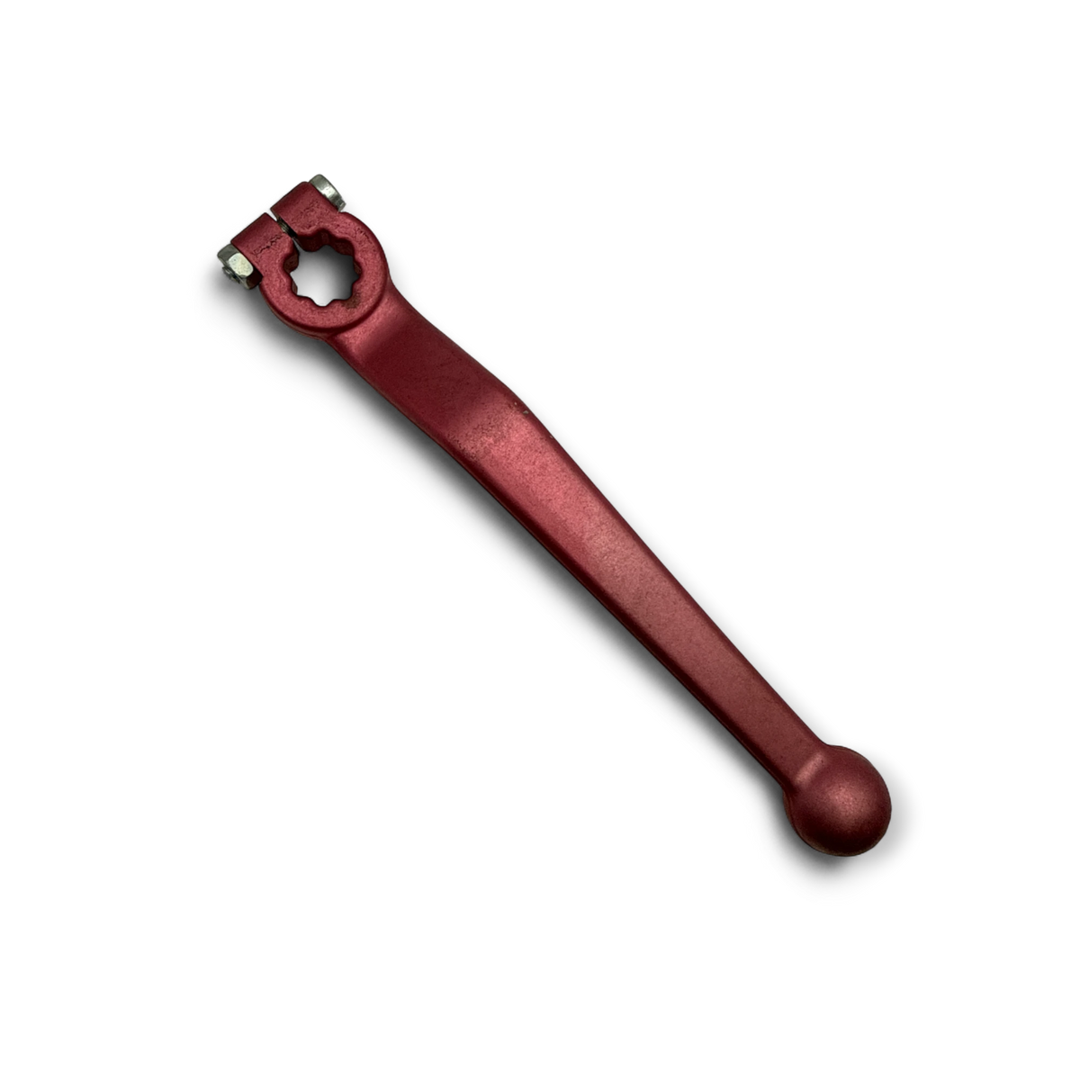 Sewershop red steel replacement handle for 3-way ball valves used in sewer jetting and hydro-excavation equipment.