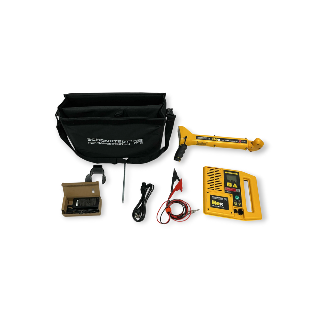 Sewershop Schonstedt REX pipe and cable locator kit with yellow receiver, transmitter, and black carrying case