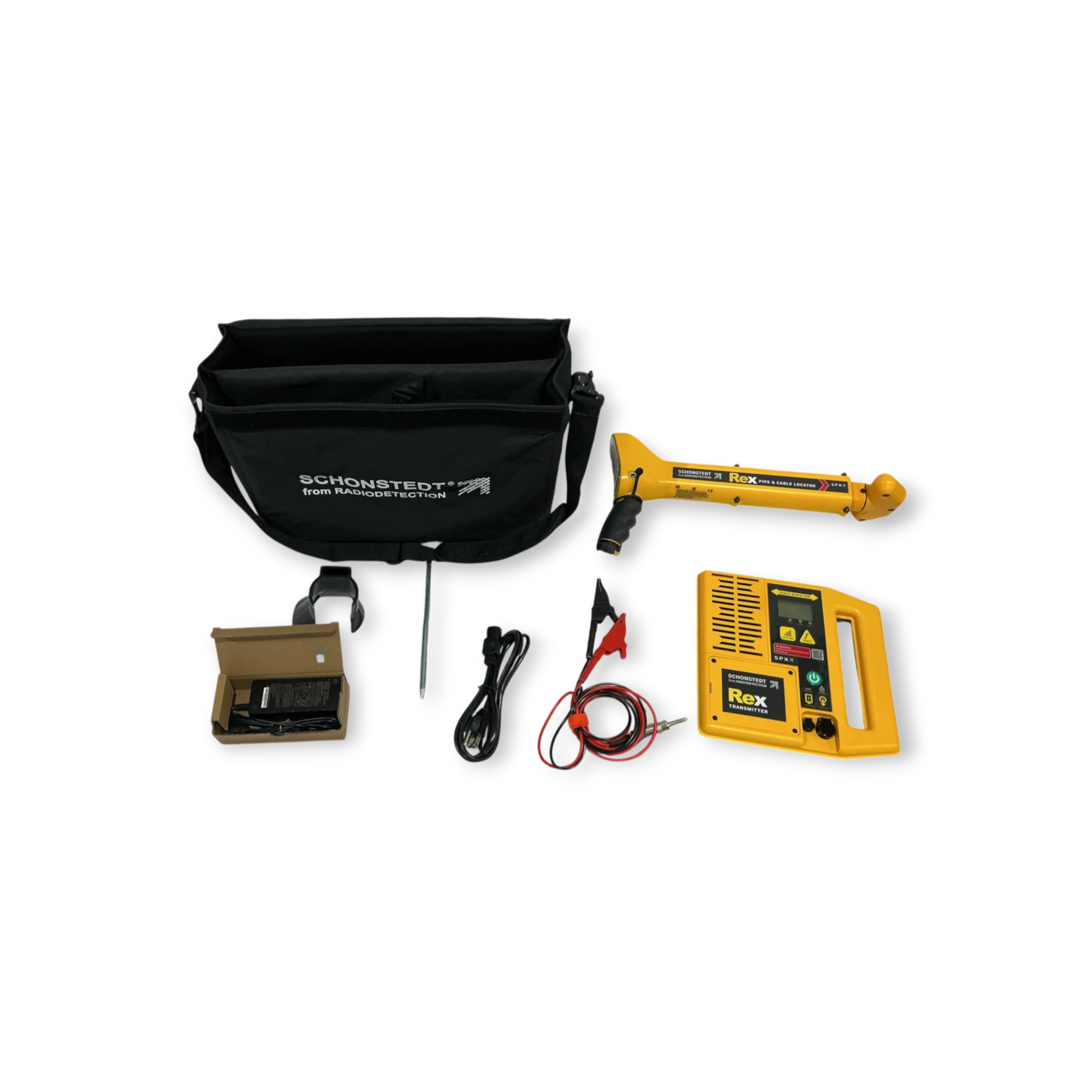 Sewershop Schonstedt REX pipe and cable locator kit with yellow receiver, transmitter, and black carrying case