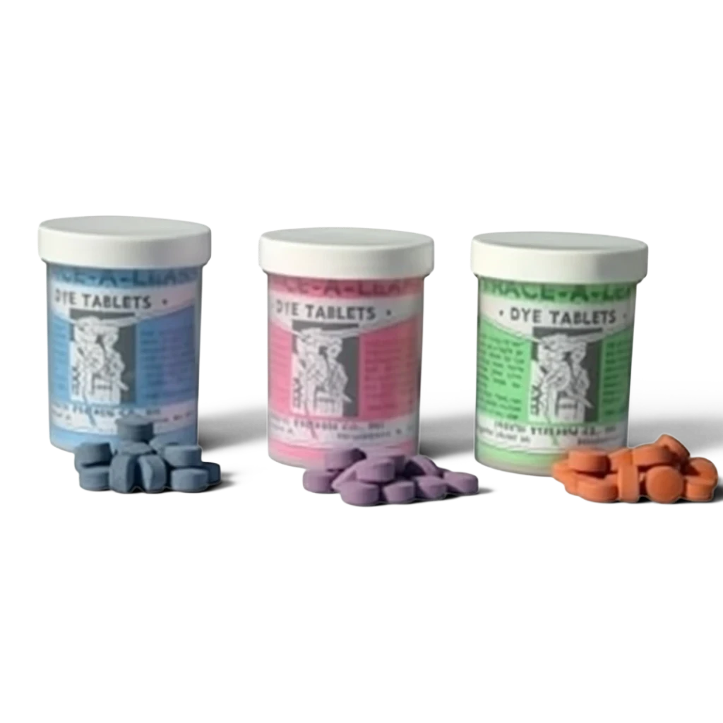 Sewershop sewer dye tablets in blue, red, and green containers with matching dye tablets for leak detection