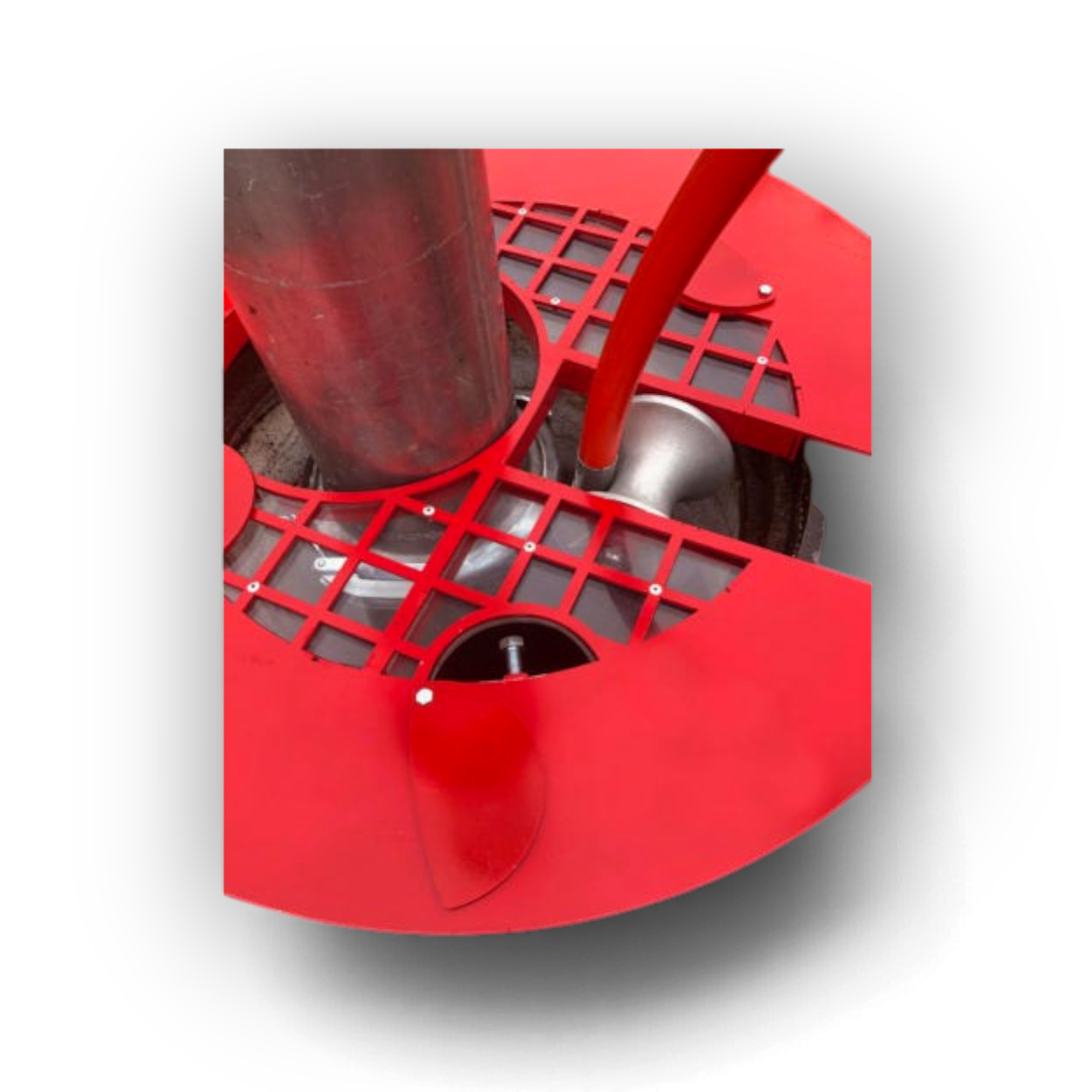 Sewershop Southland manhole safety grill in red with vacuum tube and jetting hose inserted through the open grid.