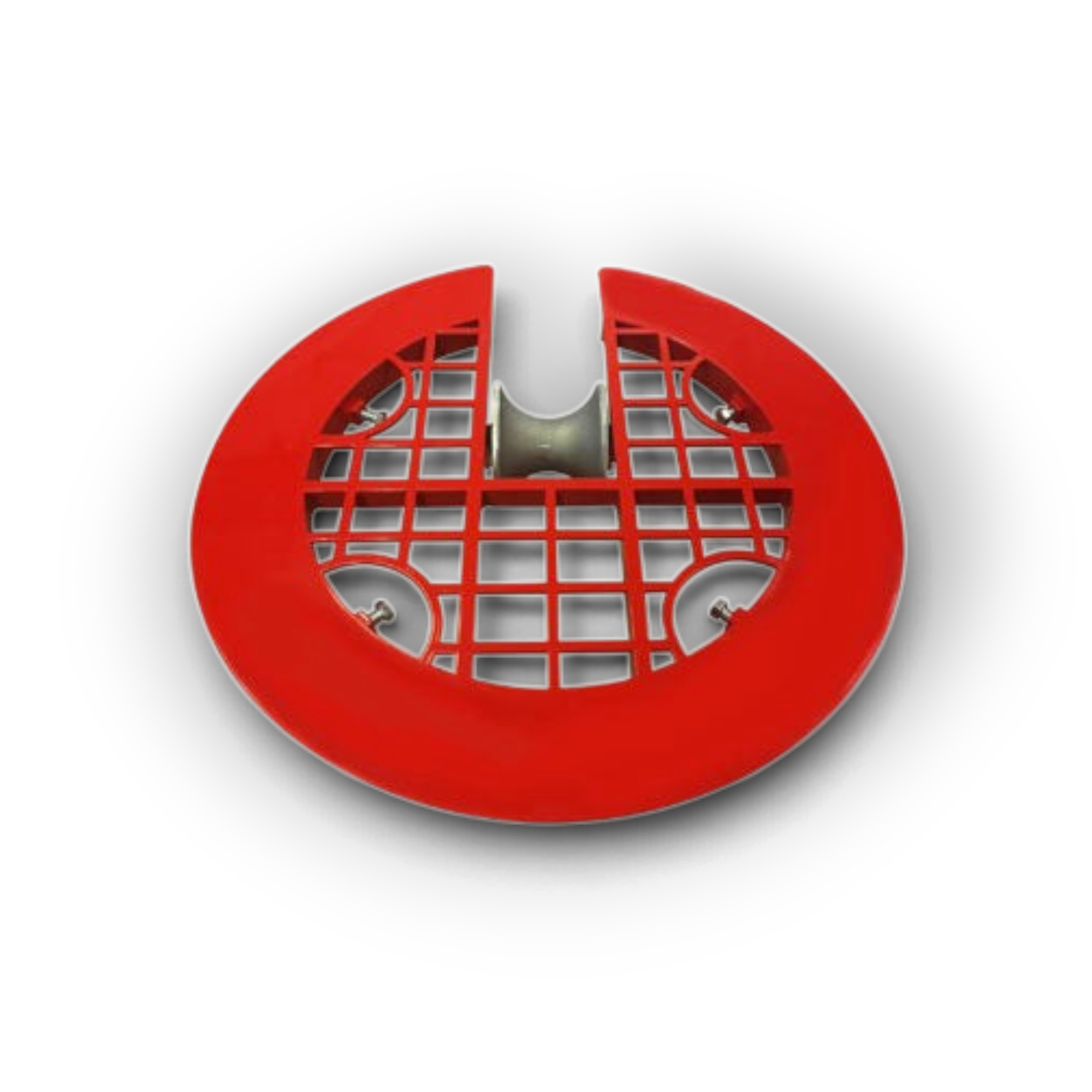 Sewershop Southland red metal manhole safety grill with open grid design and central hose roller for sewer maintenance.