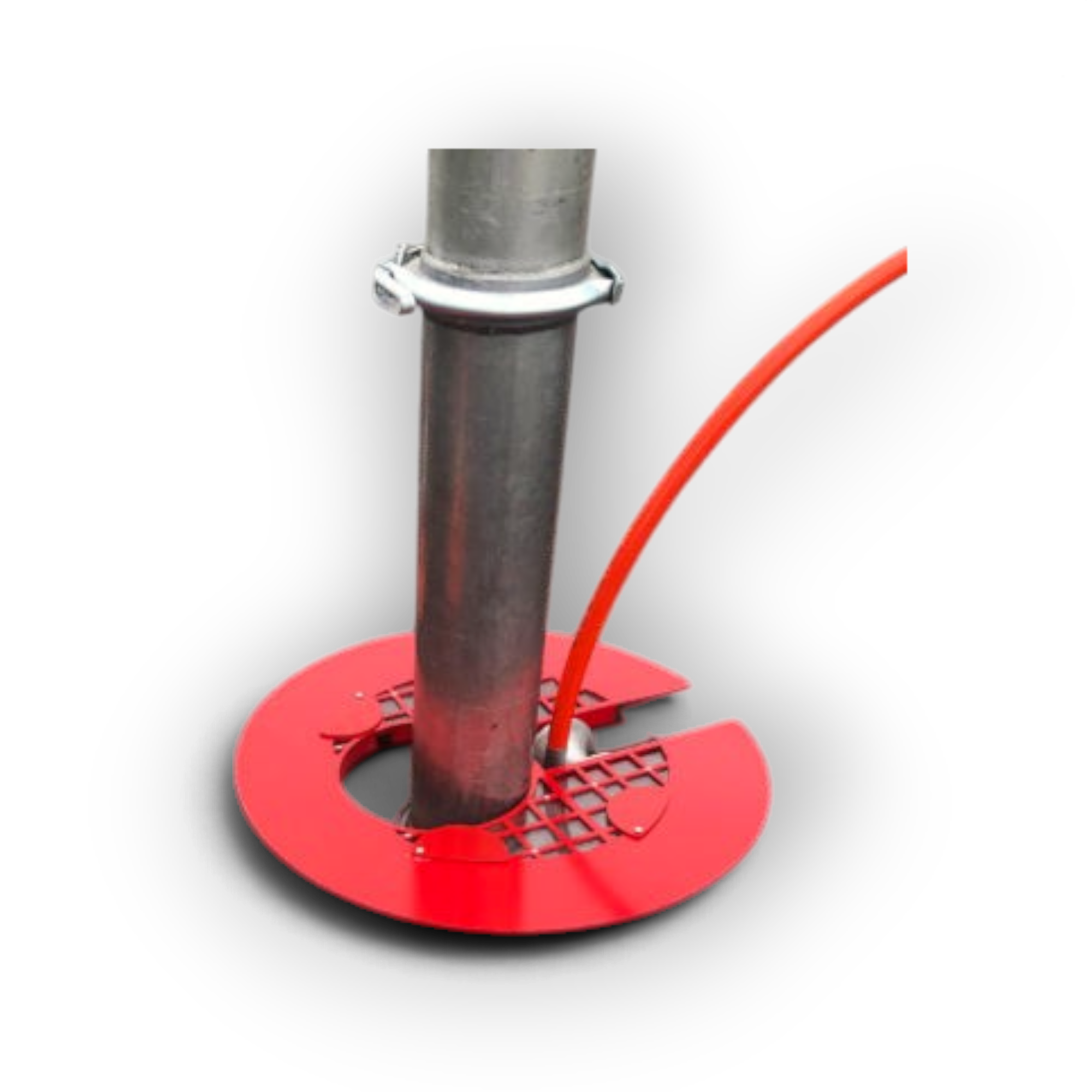Sewershop Southland manhole safety grill in red with a vacuum tube and jetting hose inserted for sewer maintenance