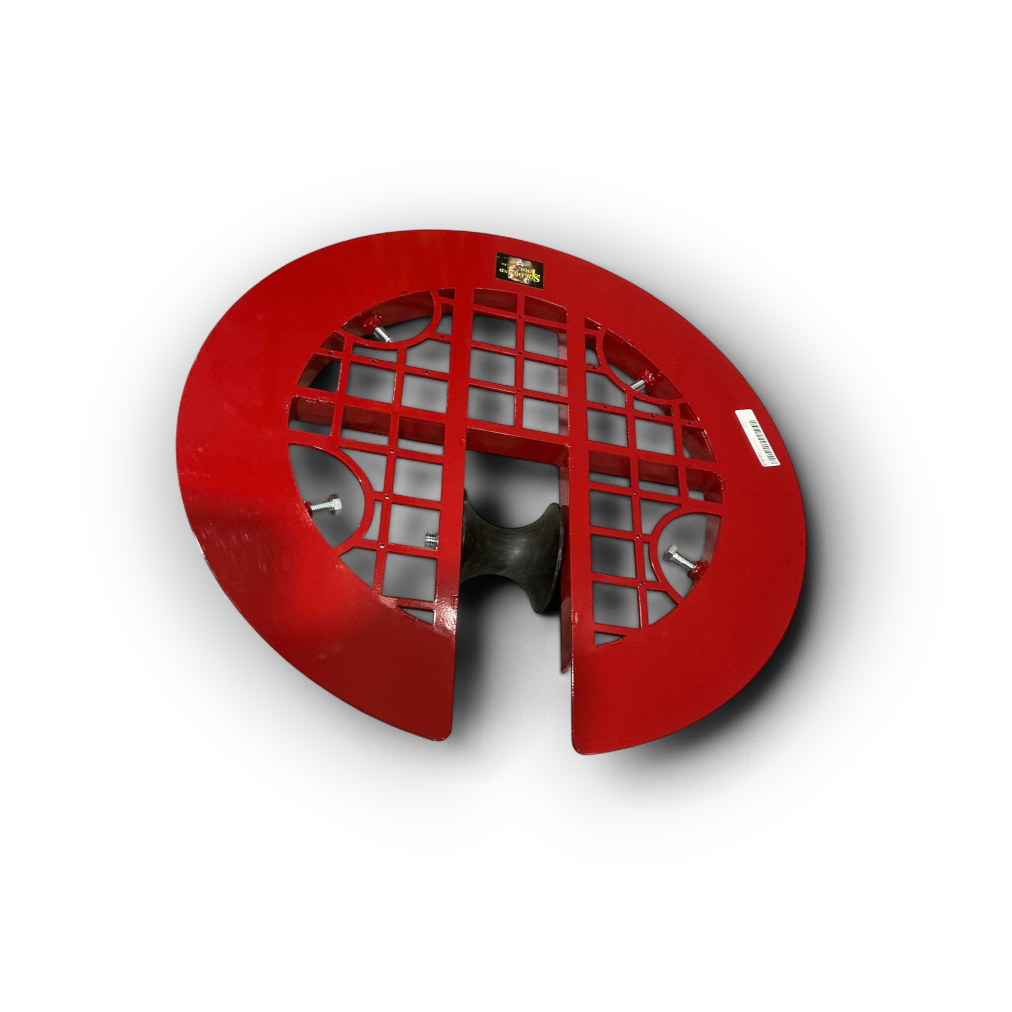 Sewershop Southland red metal manhole safety grill with open-grid design for sewer jetting and vacuum hose access.