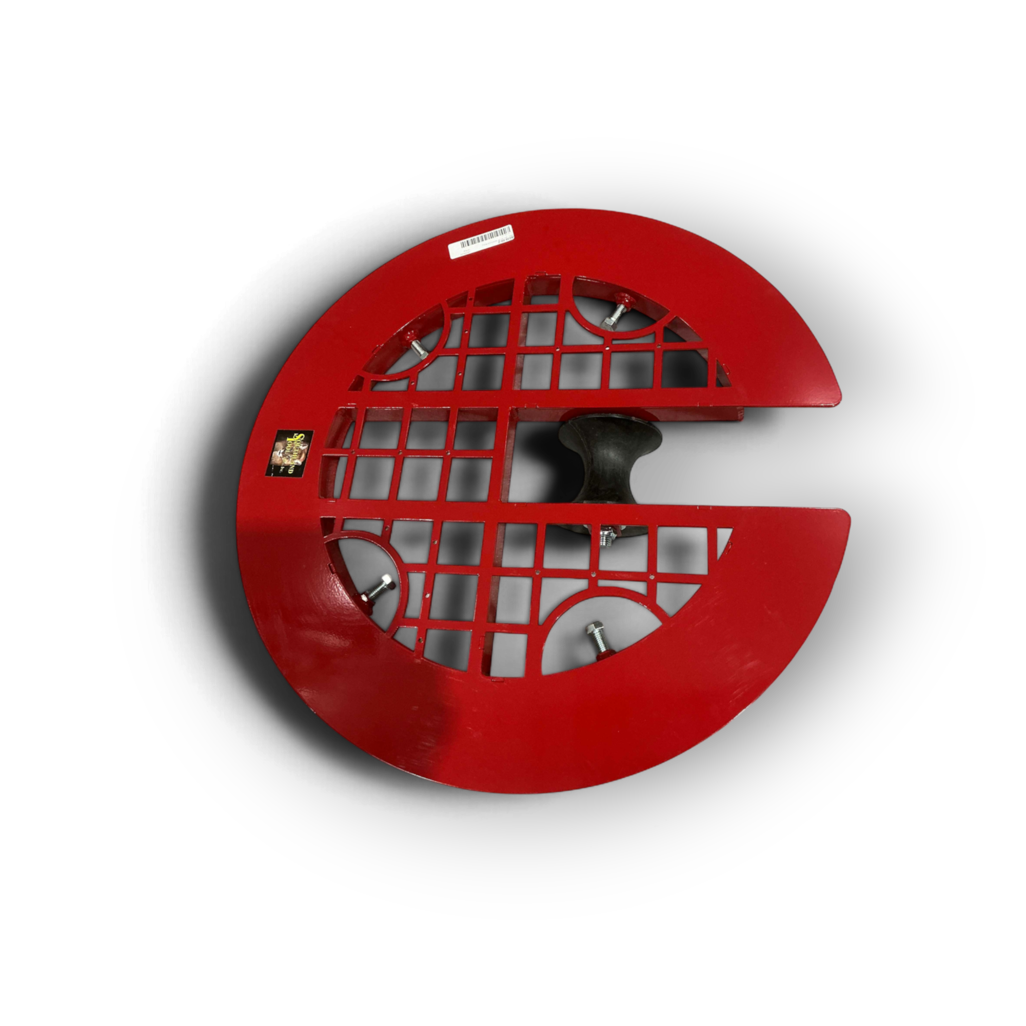 Sewershop Southland red metal manhole safety grill with open-grid design for sewer jetting and vacuum hose access.