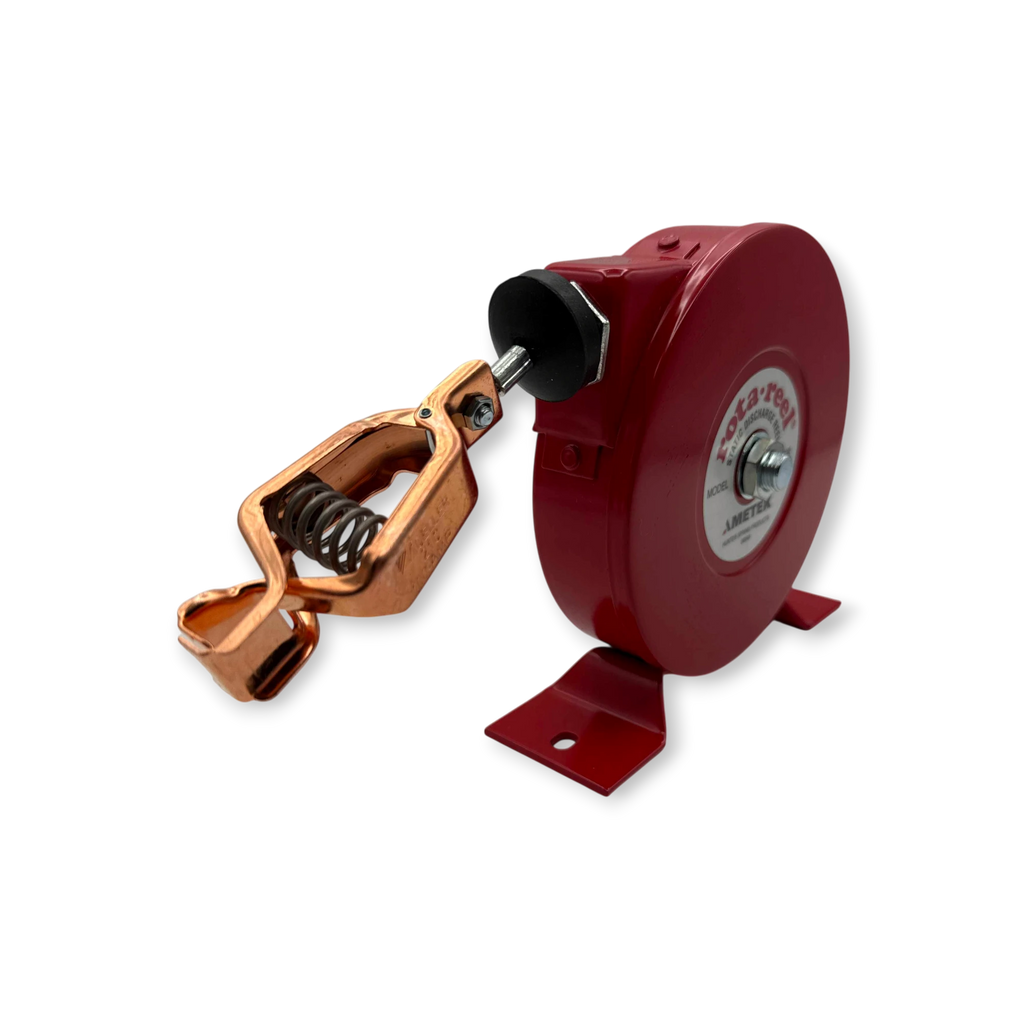 Sewershop AMETEK Hunter Spring Rota-Reel static grounding reel with red powder-coated housing and copper jaw clamp.