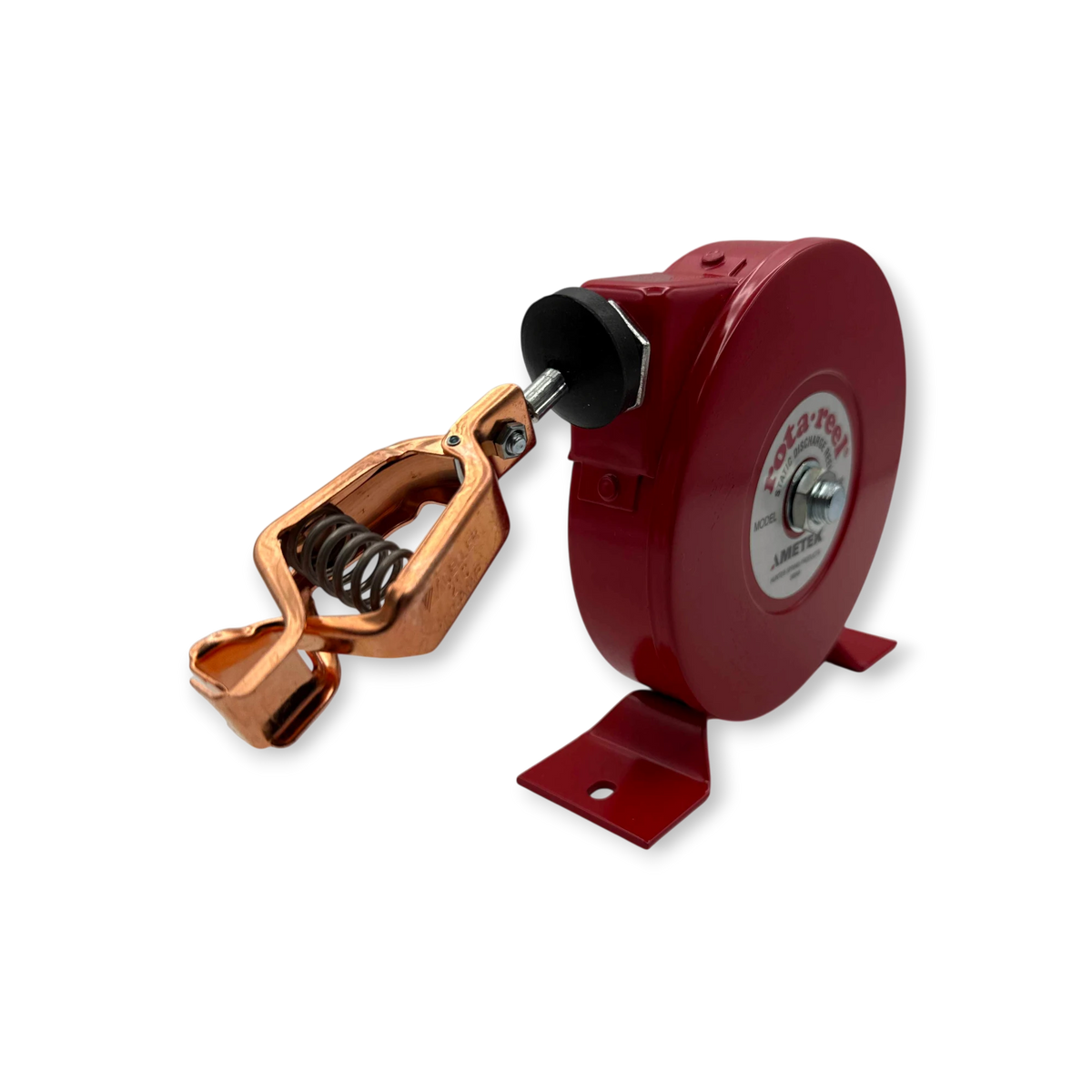 Sewershop AMETEK Hunter Spring Rota-Reel static grounding reel with red powder-coated housing and copper jaw clamp.