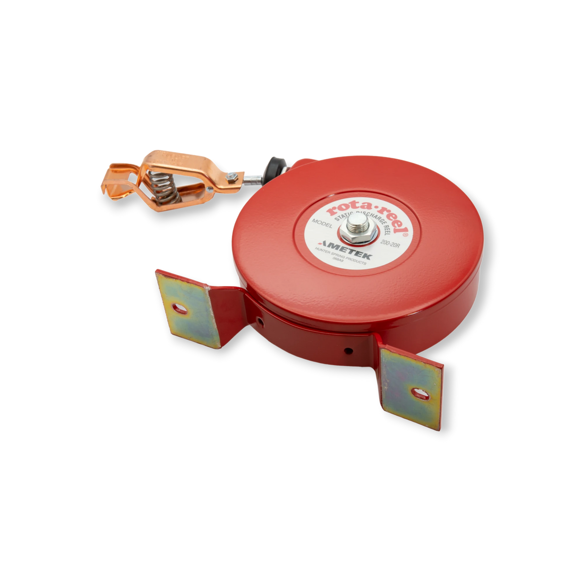 Sewershop AMETEK Hunter Spring Rota-Reel static grounding reel with red powder-coated housing and metal jaw clamp.
