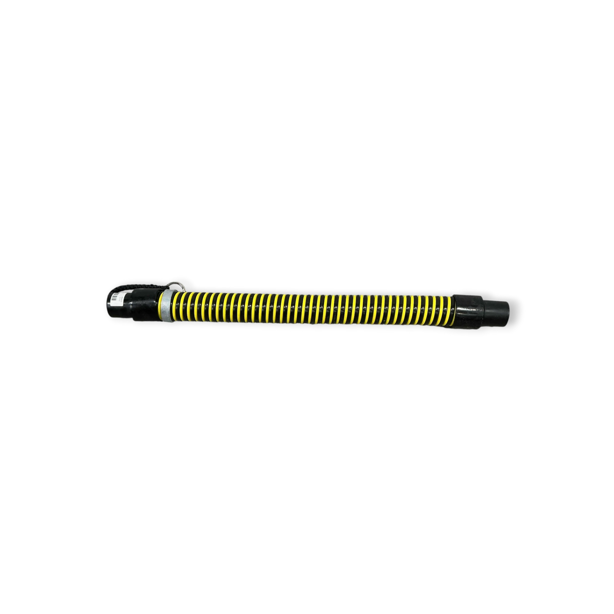 Sewershop Tiger Tail hose protector with yellow and black ribbed rubber sleeve and steel anchor eyelet