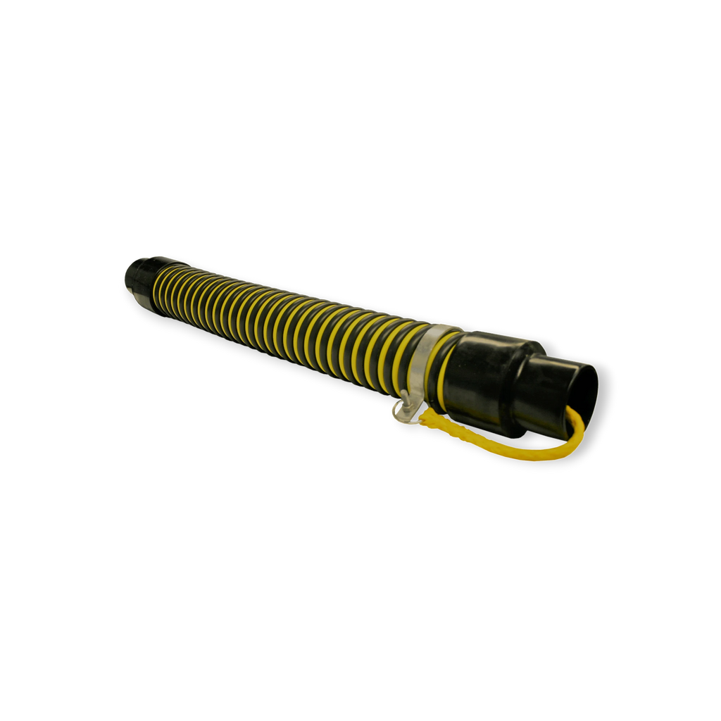 Sewershop Tiger Tail jetter hose protector with black and yellow ribbed rubber sleeve and steel anchoring eyelet.