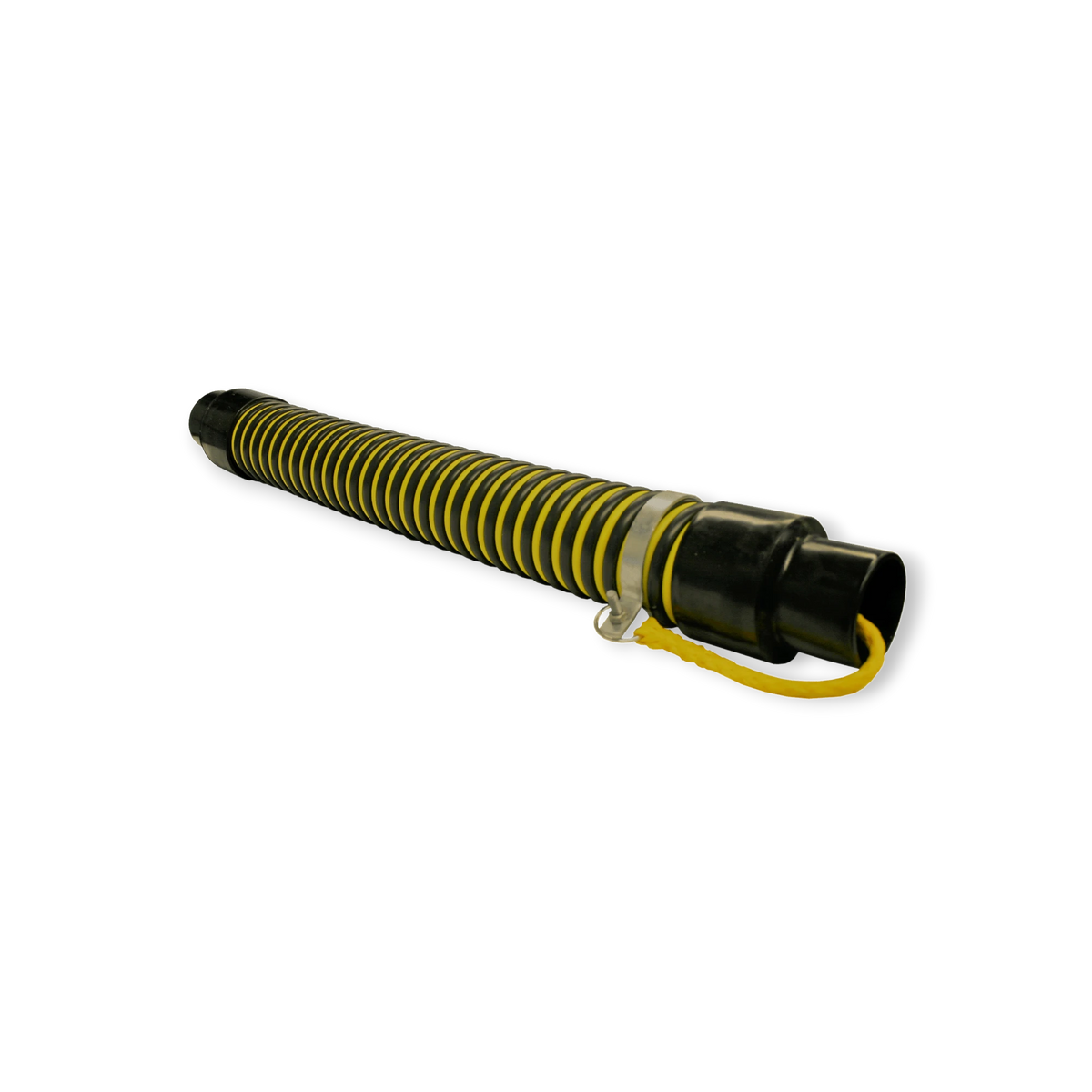 Sewershop Tiger Tail jetter hose protector with black and yellow ribbed rubber sleeve and steel anchoring eyelet.