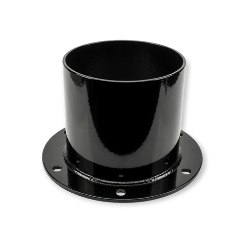Sewershop Top Hat vacuum hose adapter made of heavy-duty black steel with a flanged base and pre-drilled bolt holes.